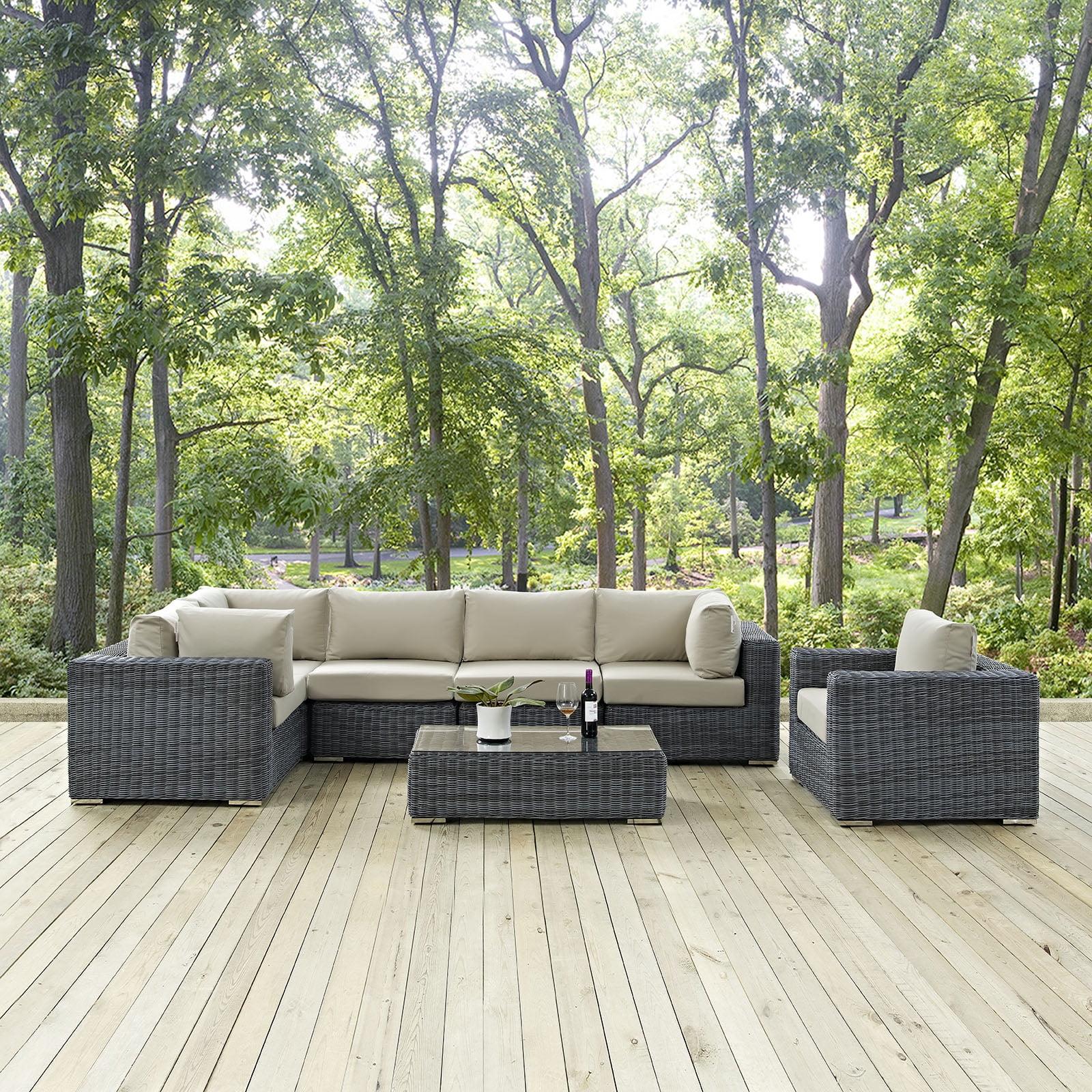 Summon 7-pc Outdoor Patio Sectional Set With Sunbrella Cushions in Canvas Navy by Modway