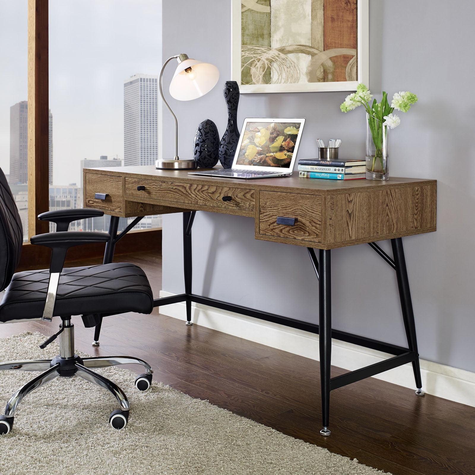 Walnut Wood Office Desk with Drawers and Keyboard Tray