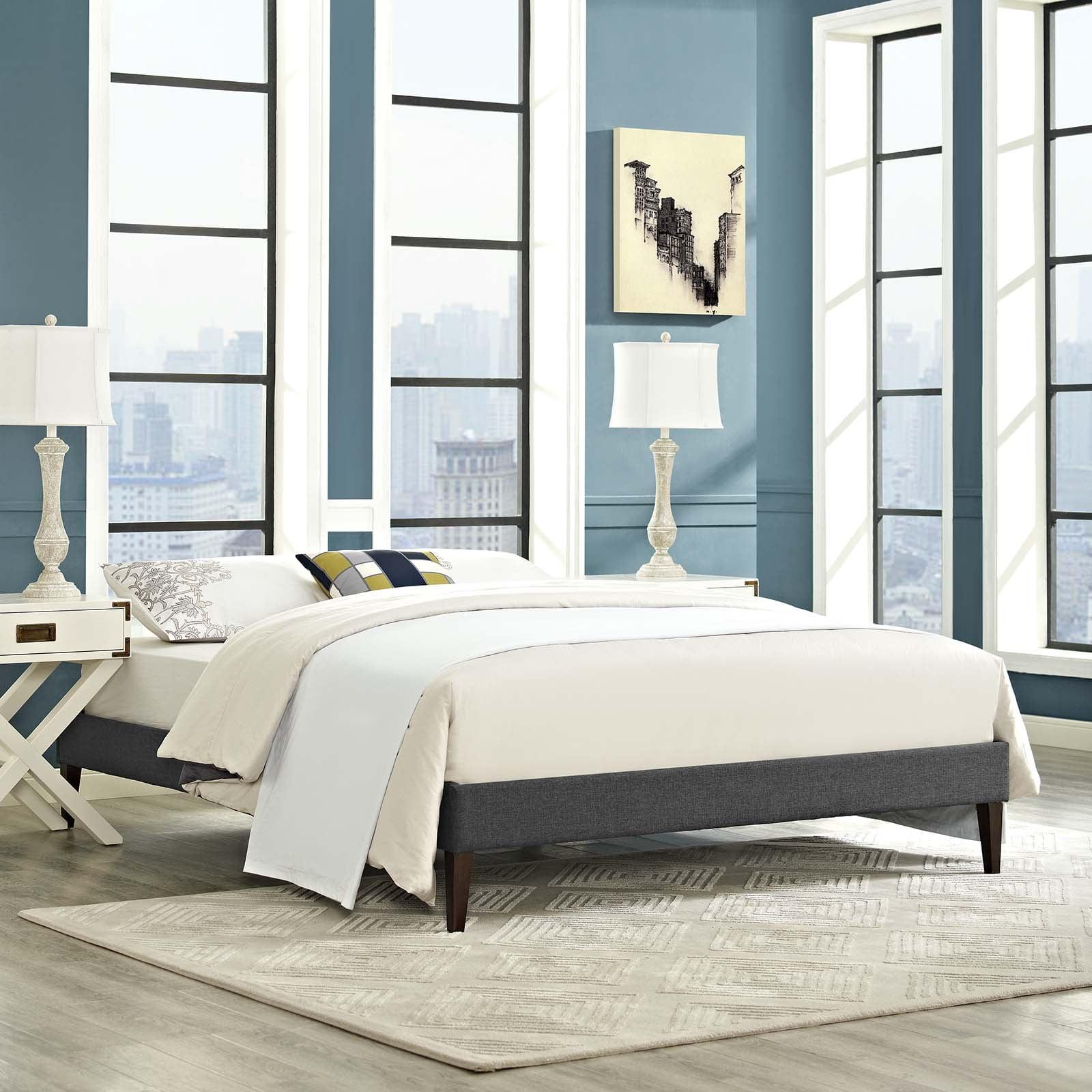 Tessie Gray Polyester Queen Bed Frame with Tapered Legs