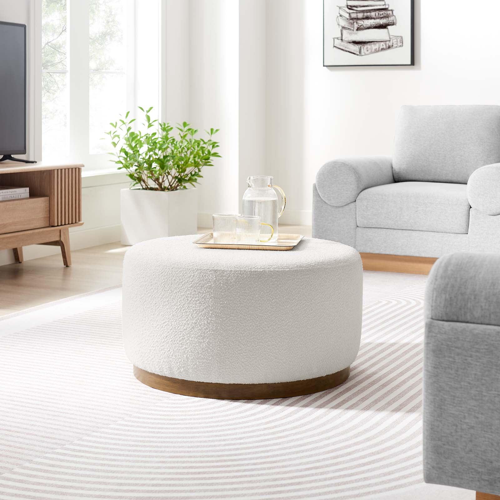 Tilden 29" Round White Boucle Ottoman with Walnut Base