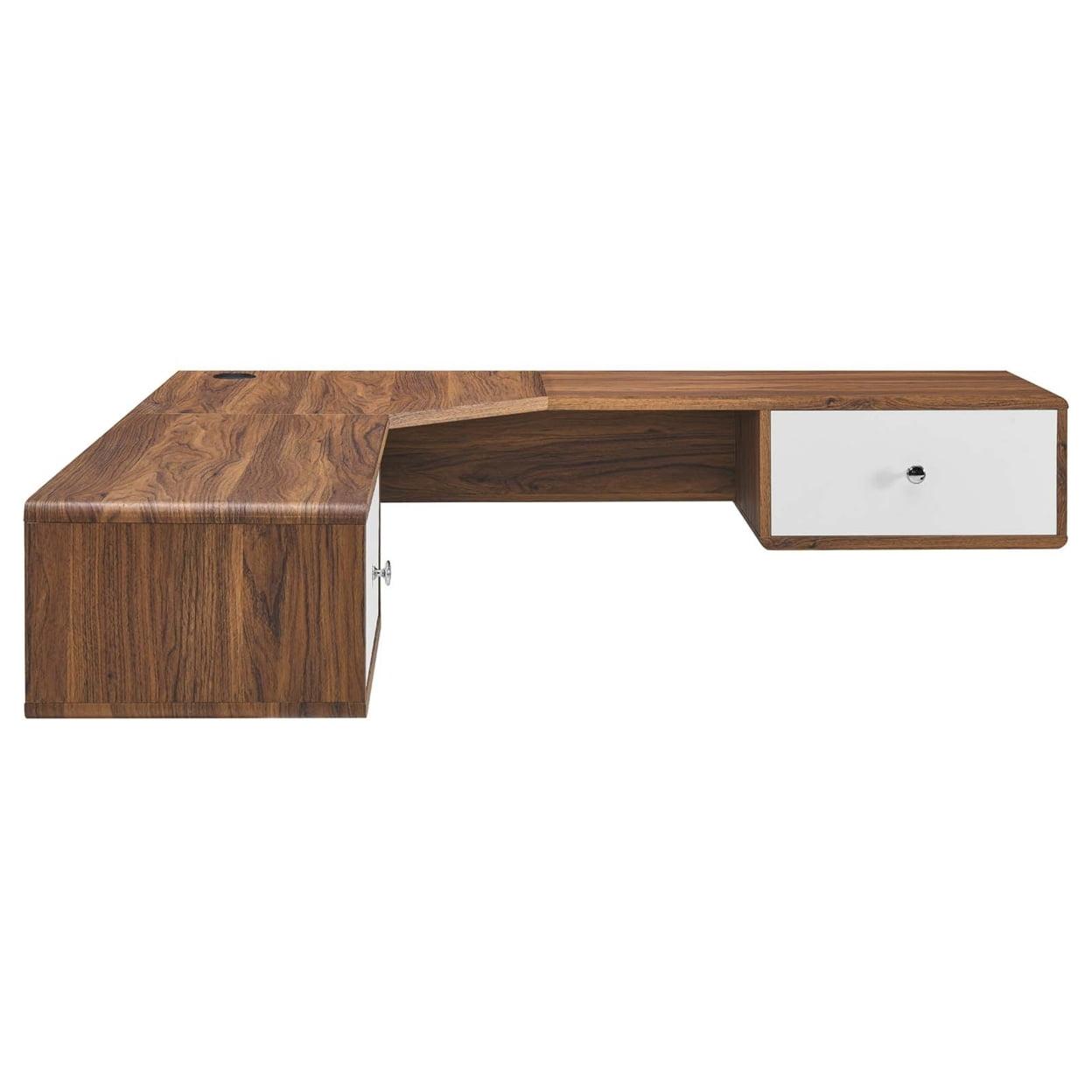 Mid-Century Walnut Wood Wall-Mounted Corner Desk with Drawers