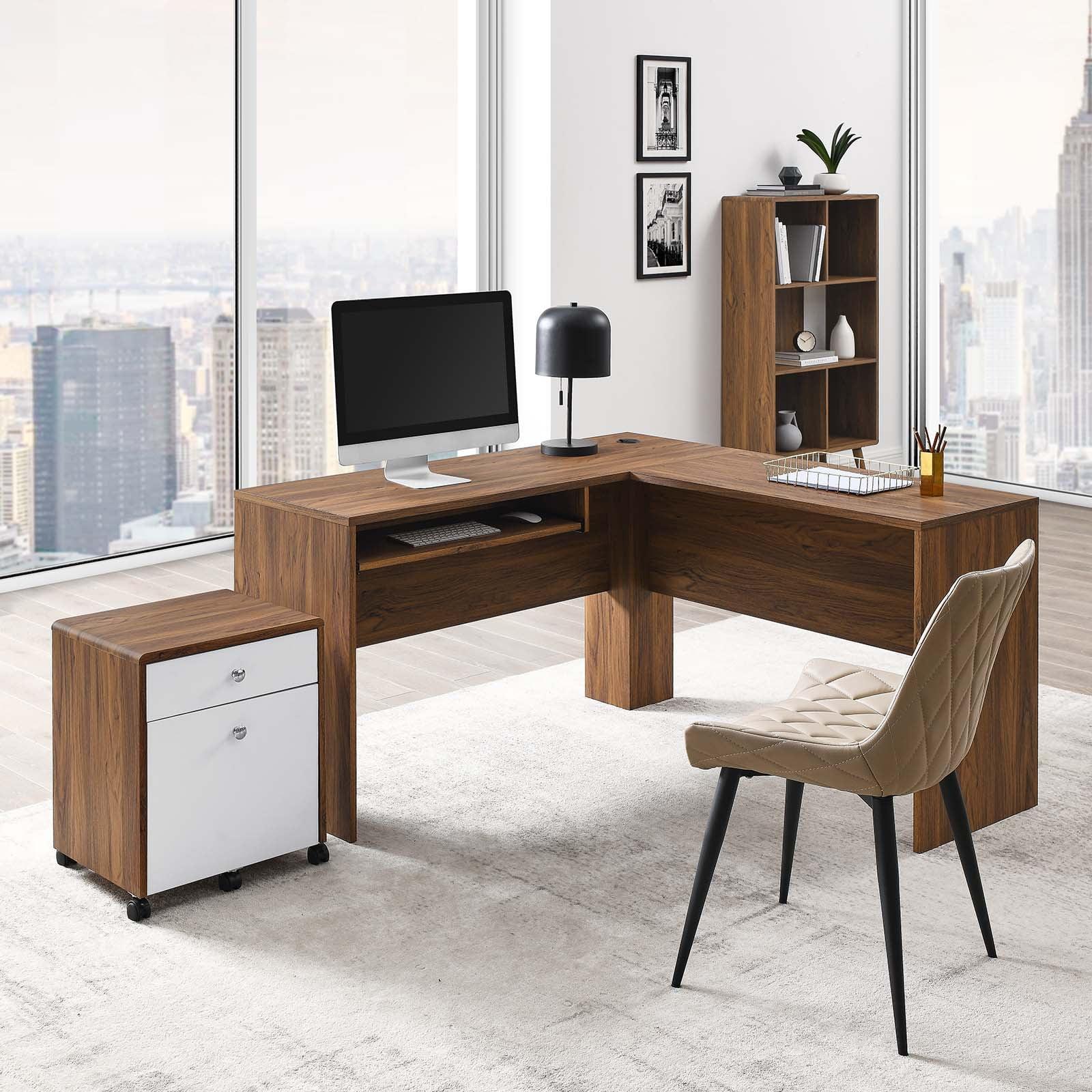 Modern L-Shaped Workstation Desk with File Cabinet, White and Walnut