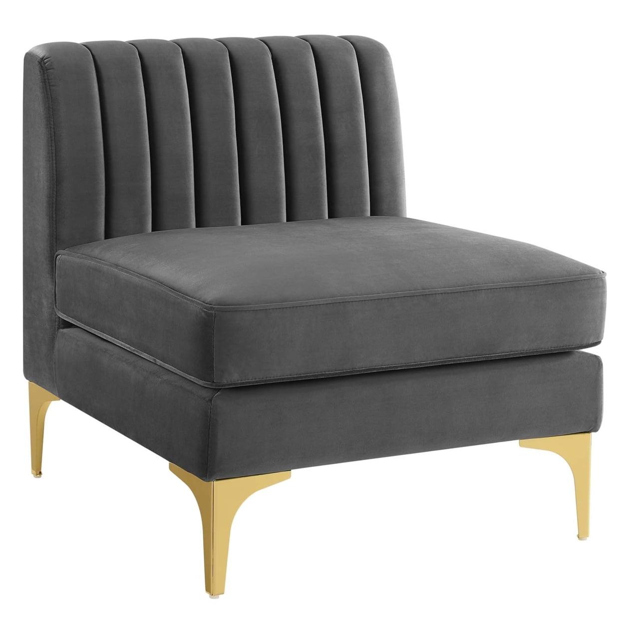 Gray Velvet and Gold Metal Armless Chair