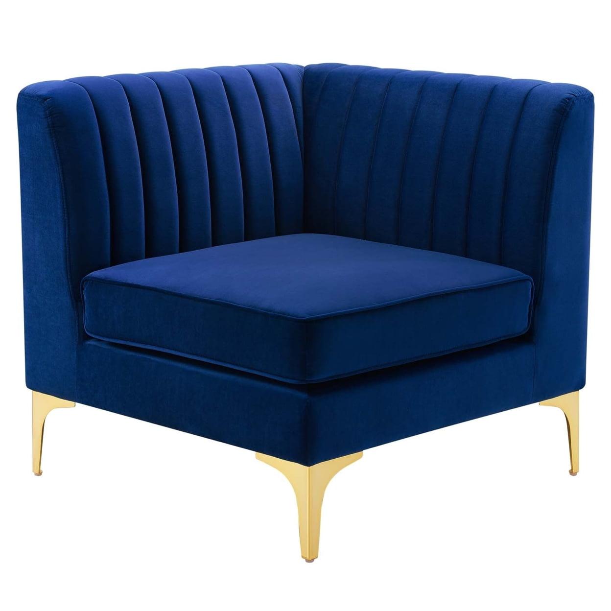 Pemberly Row Modern Channel Tufted Performance Velvet Corner Chair in Navy