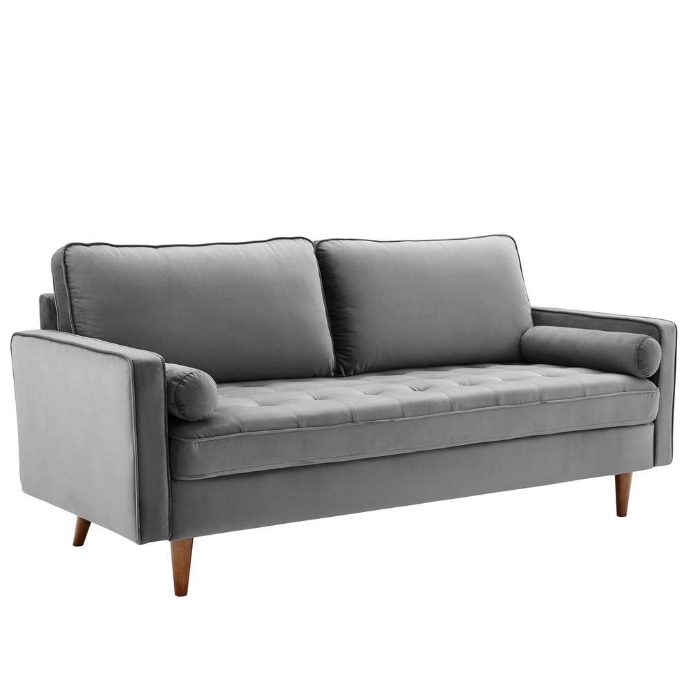 Gray Tufted Velvet Sofa with Walnut Wood Legs