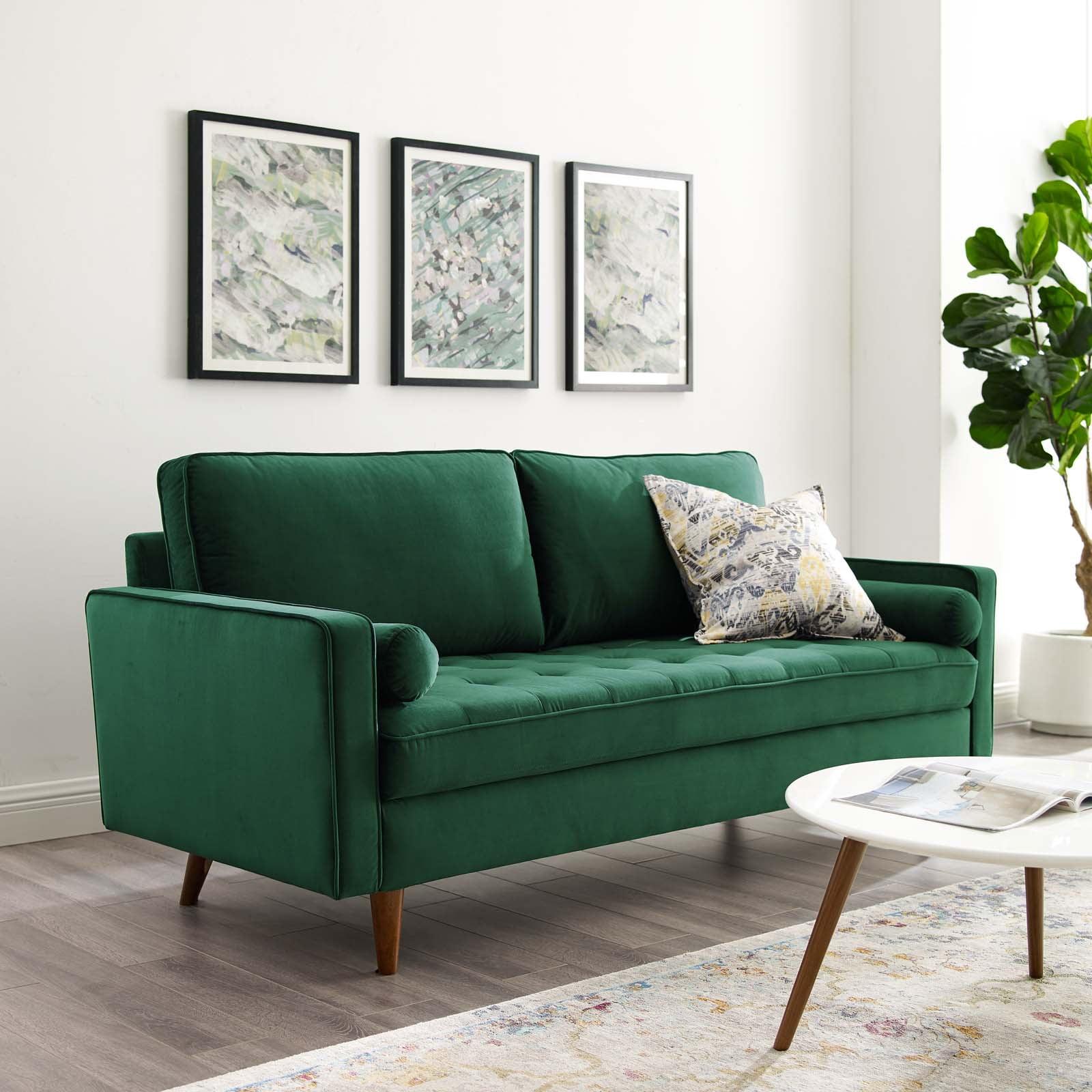 Mid-Century Modern 73'' Green Velvet Tufted Sofa with Wood Legs