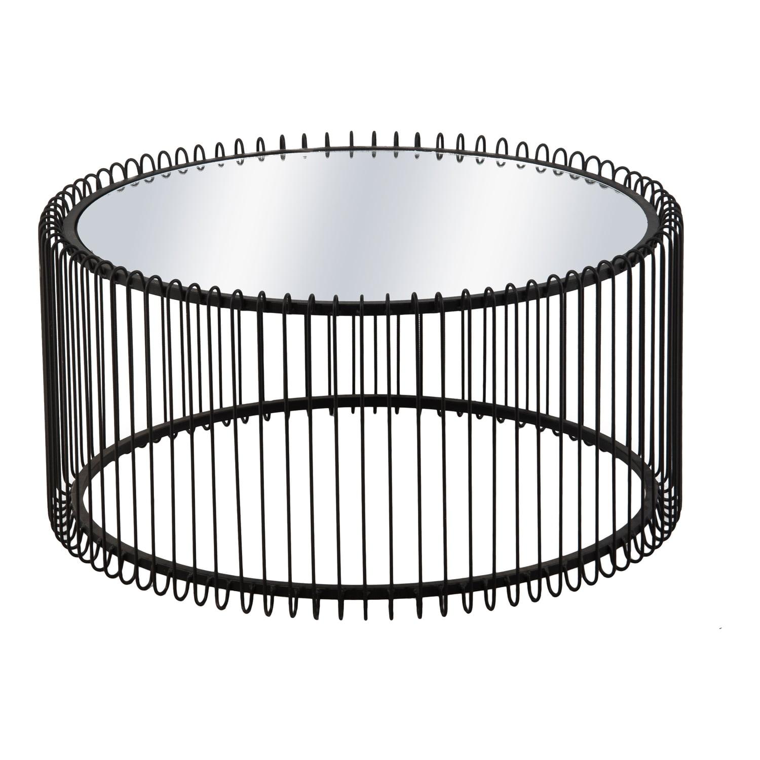 Contemporary Round Black Metal Coffee Table with Mirrored Glass Top