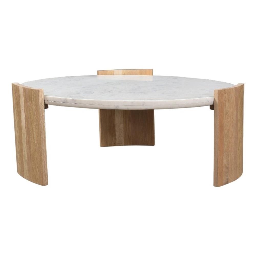 Round White Marble and Natural Wood Coffee Table