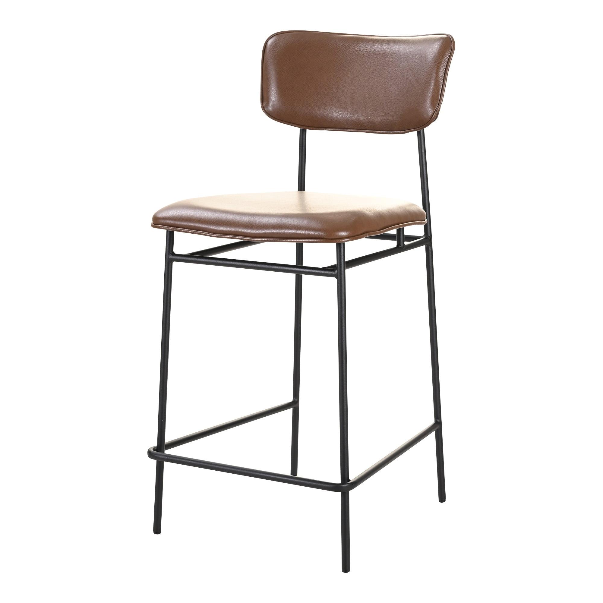 Dark Brown Leather and Metal Counter Stool with Low Back