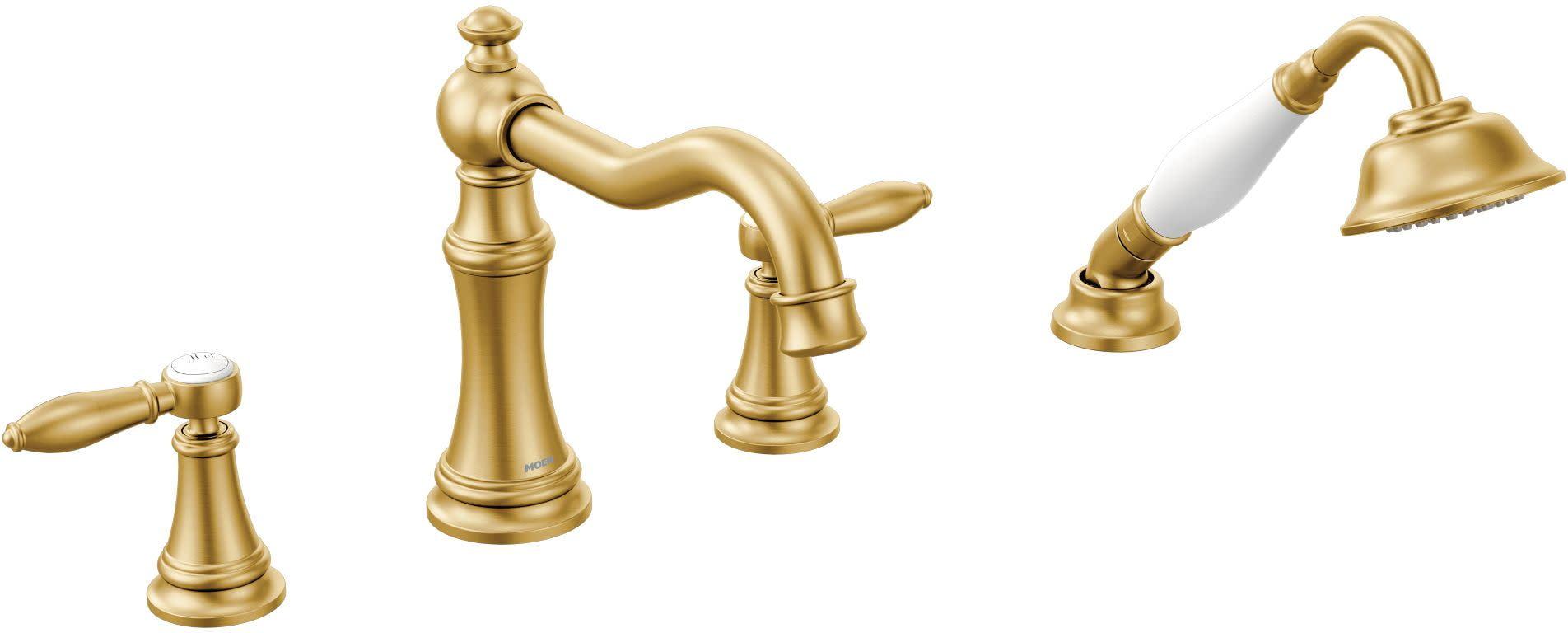 Elegant Brushed Gold Double Handle Widespread Tub Faucet with Handshower