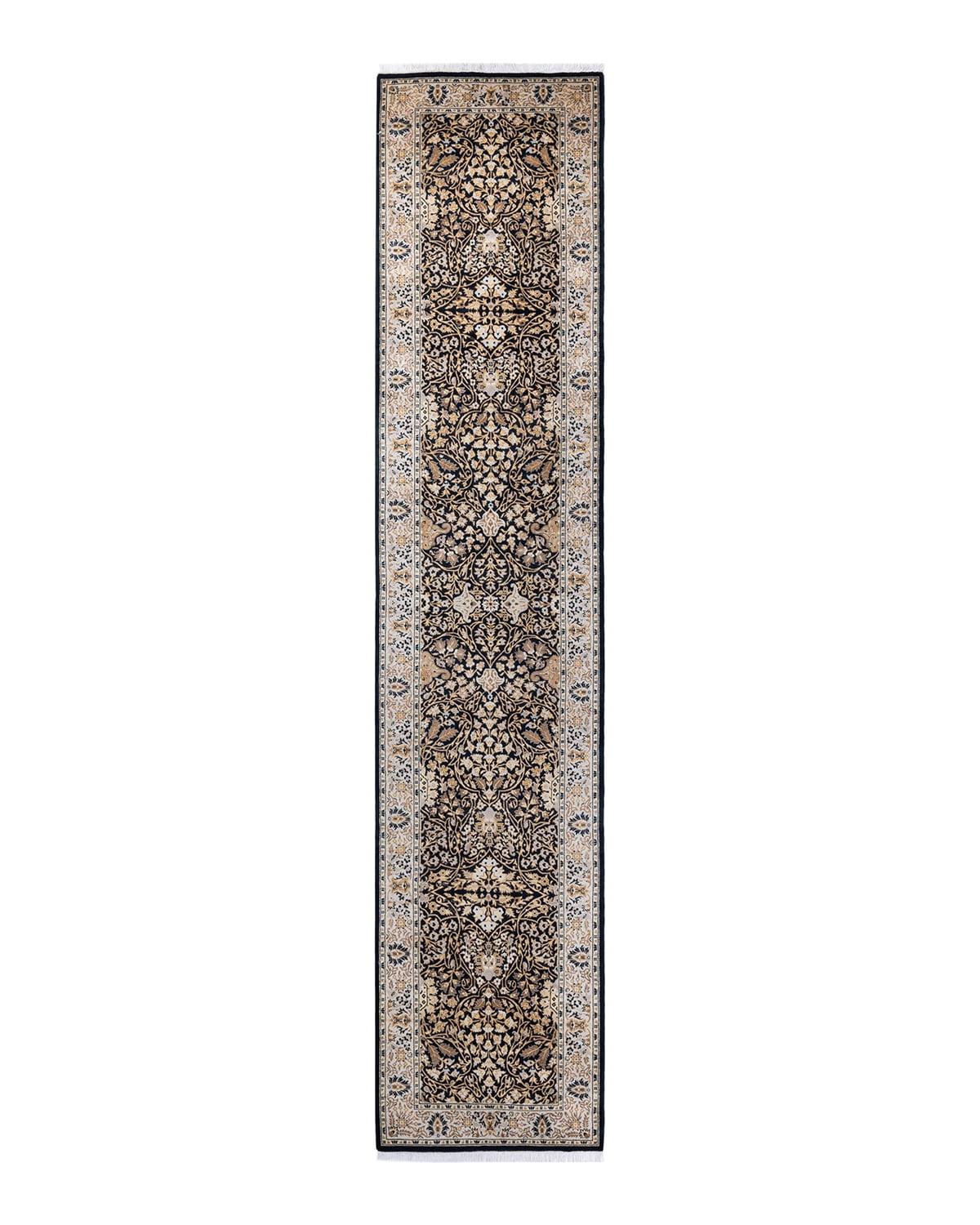 Hand-Knotted Black Wool Geometric Runner Rug