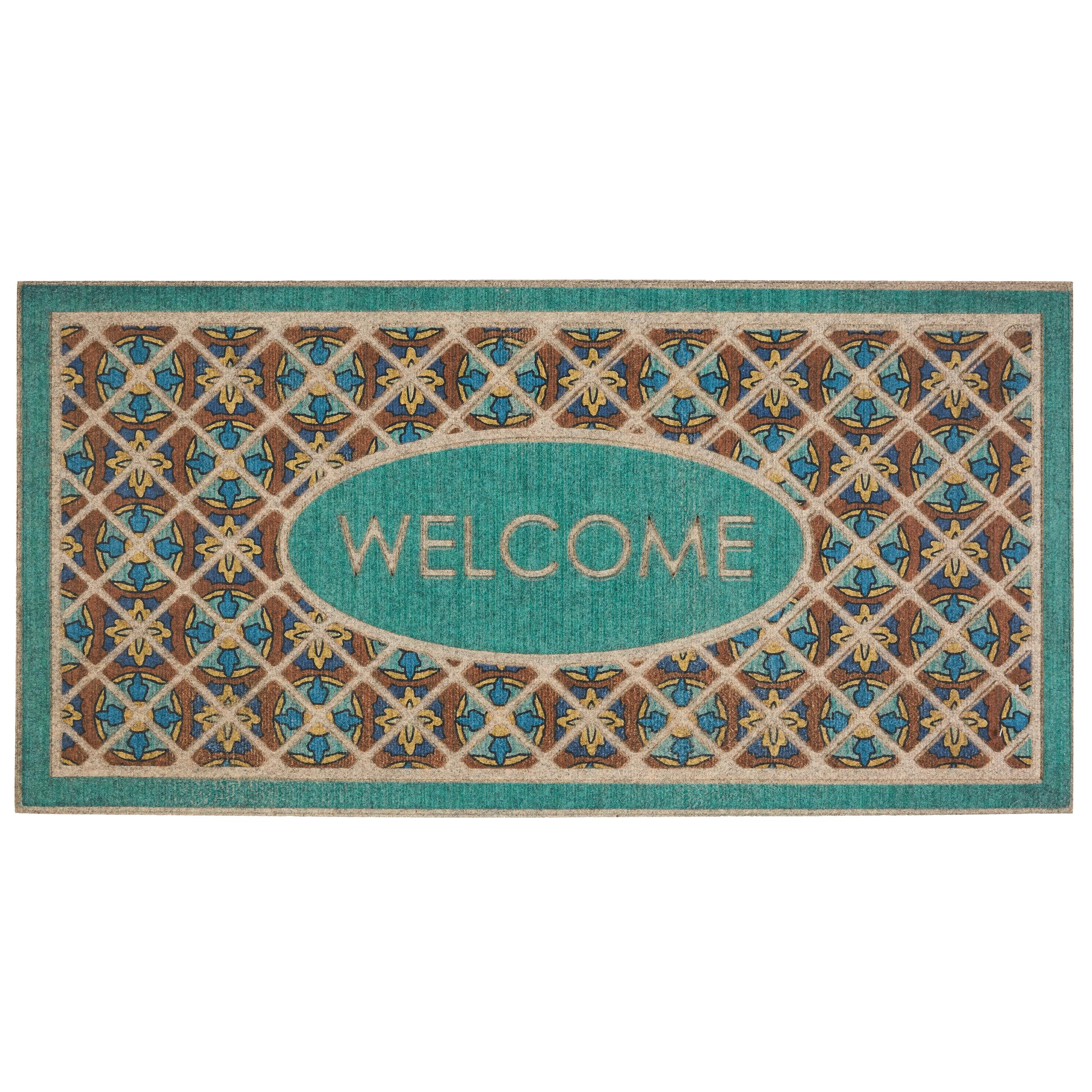 Mohawk Home Ornamental Entry Mat Retro Tiles Mat Scatter, 2'x4', Teal & Tan