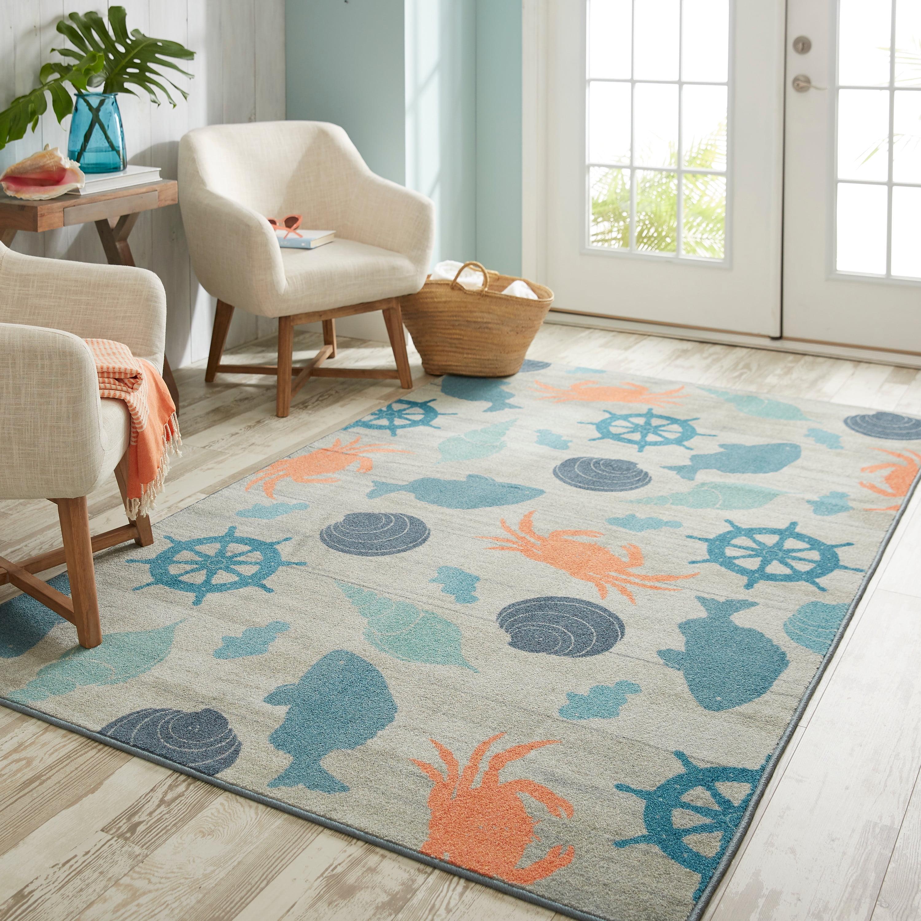 Coastal Otomi Seaside 5'x8' Grey & Teal Tufted Area Rug