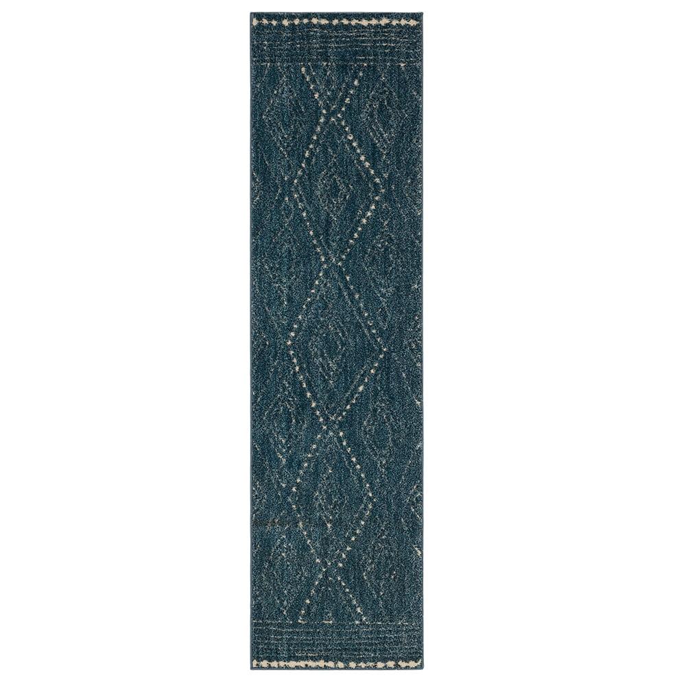 Blue Geometric Shag Runner Rug, 2' x 8'