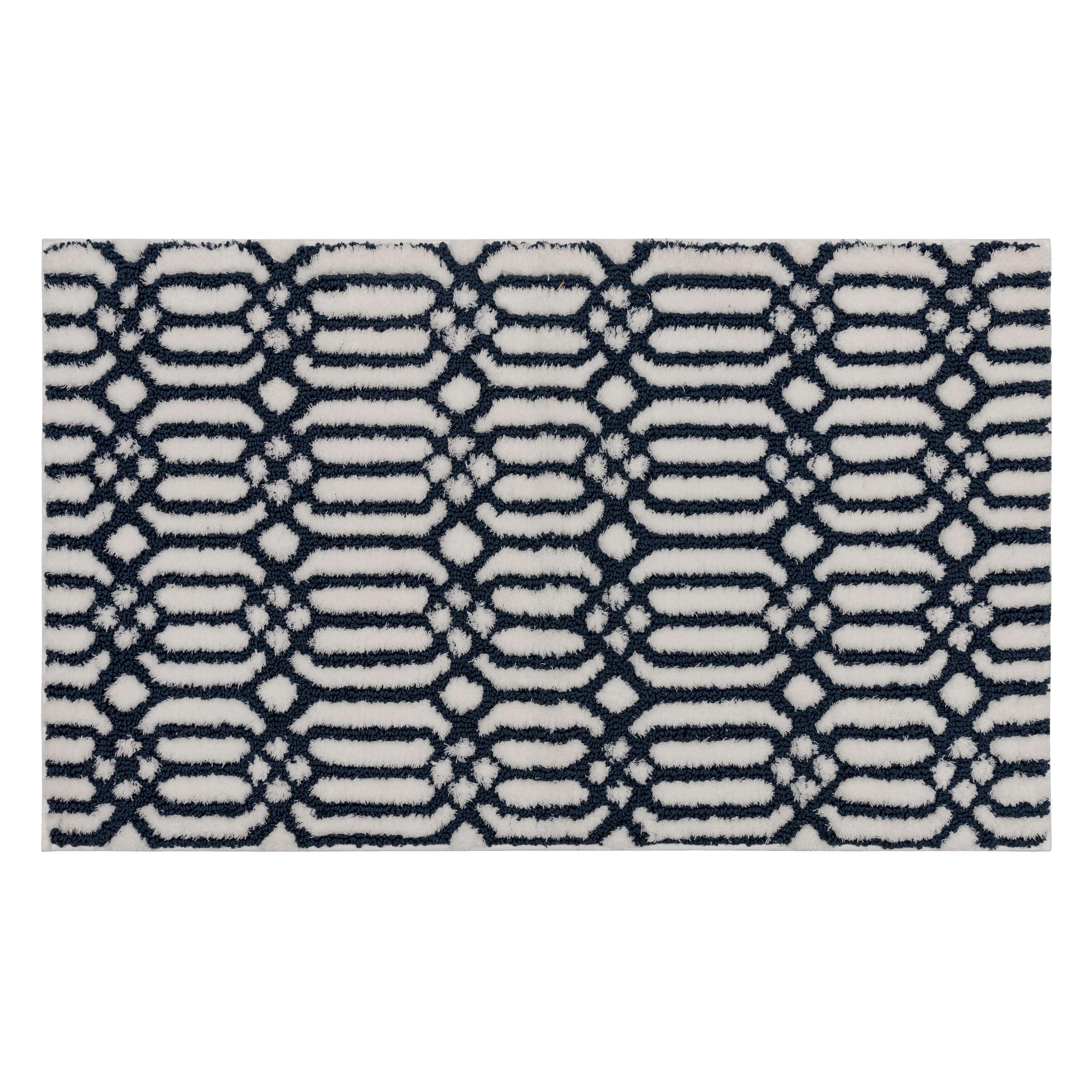 Mohawk Linkage Bath Mat Soft Absorbent Quick Dry Machine Washable Non-Slip Bathroom Mat, White/Indigo, 20" x 34"