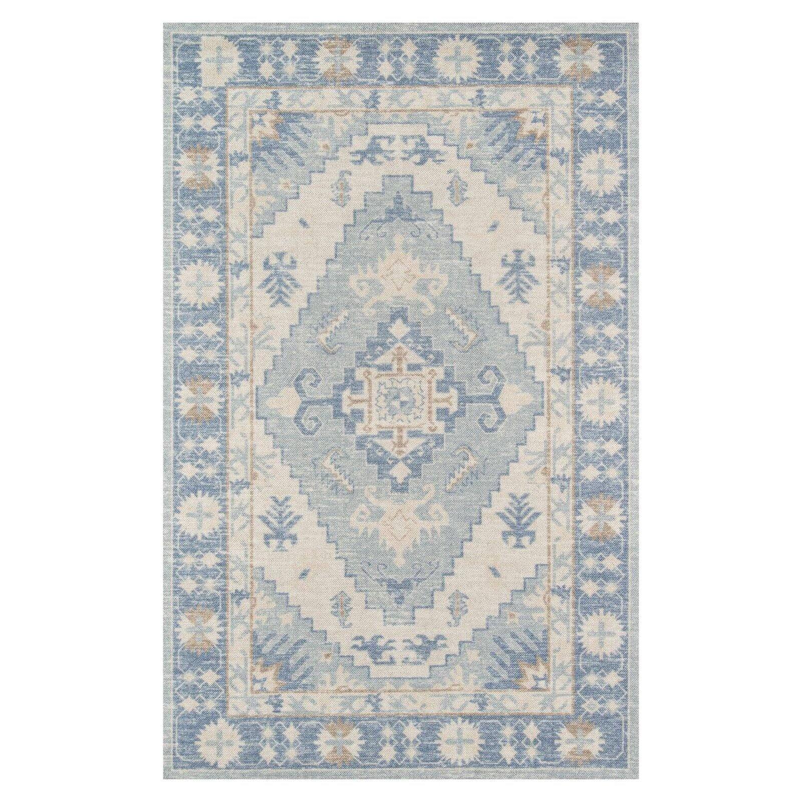 Handmade Blue Medallion Wool and Synthetic Area Rug