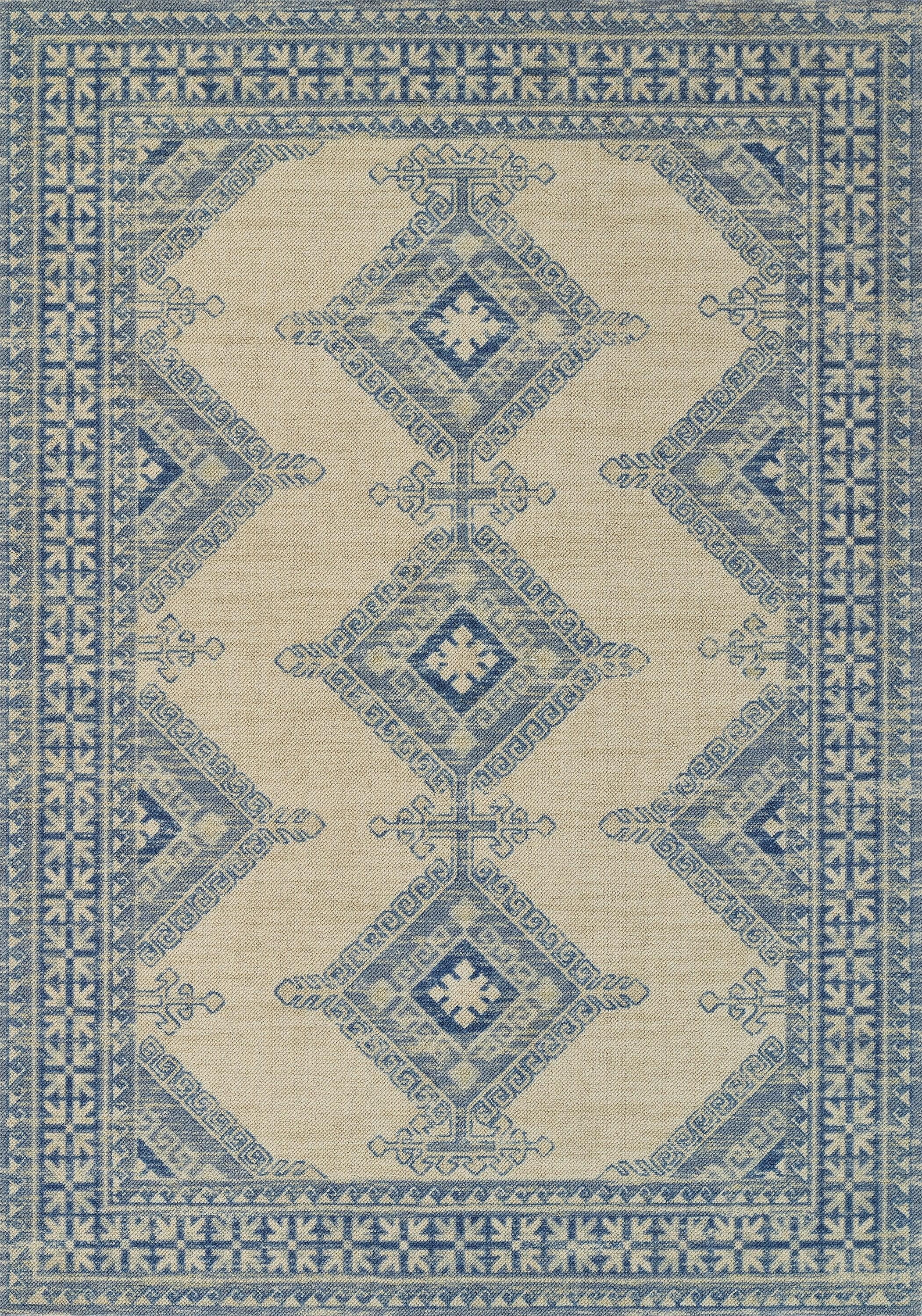 Ivory and Blue Medallion Wool Synthetic Area Rug