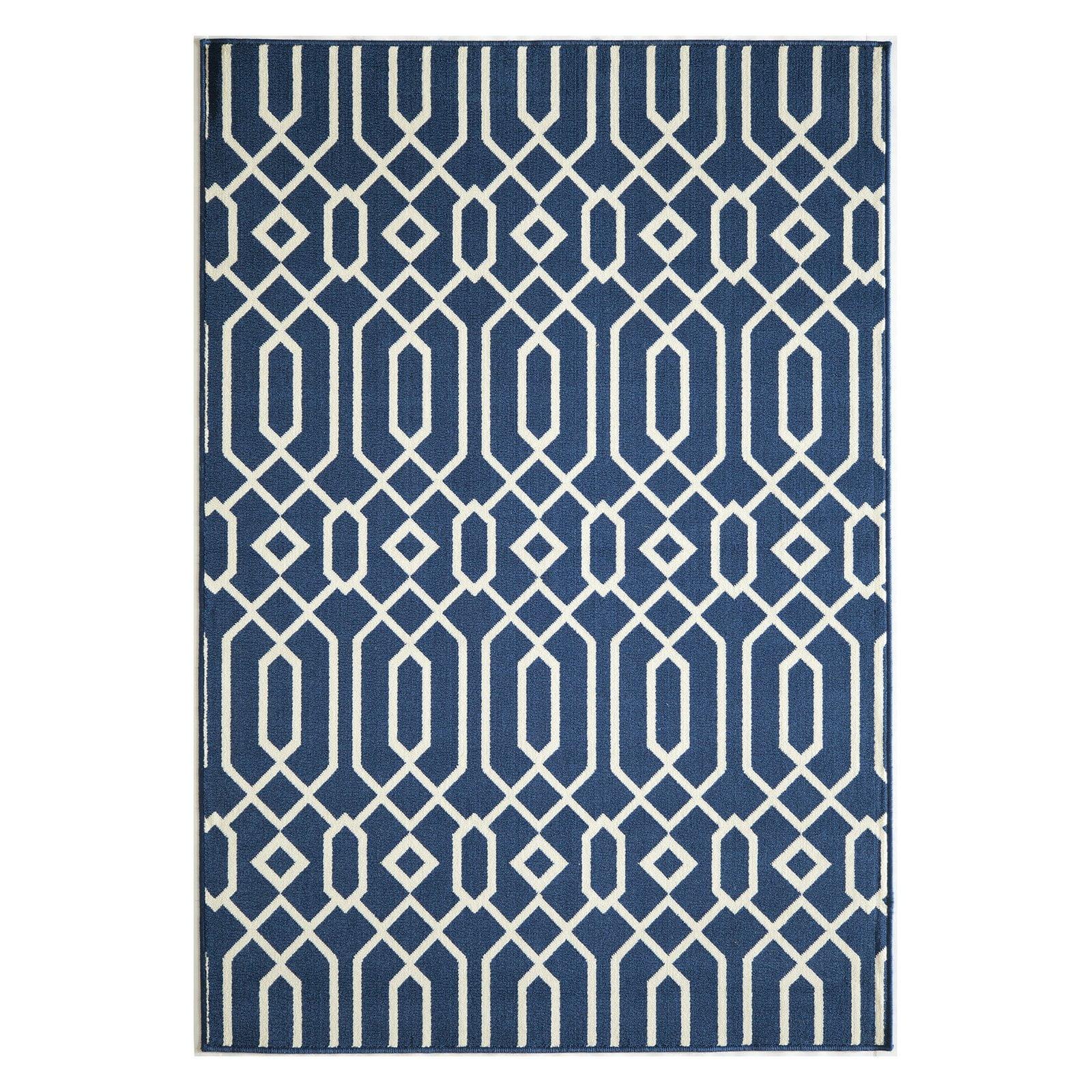 Navy and White Geometric Flat Woven Synthetic Rug