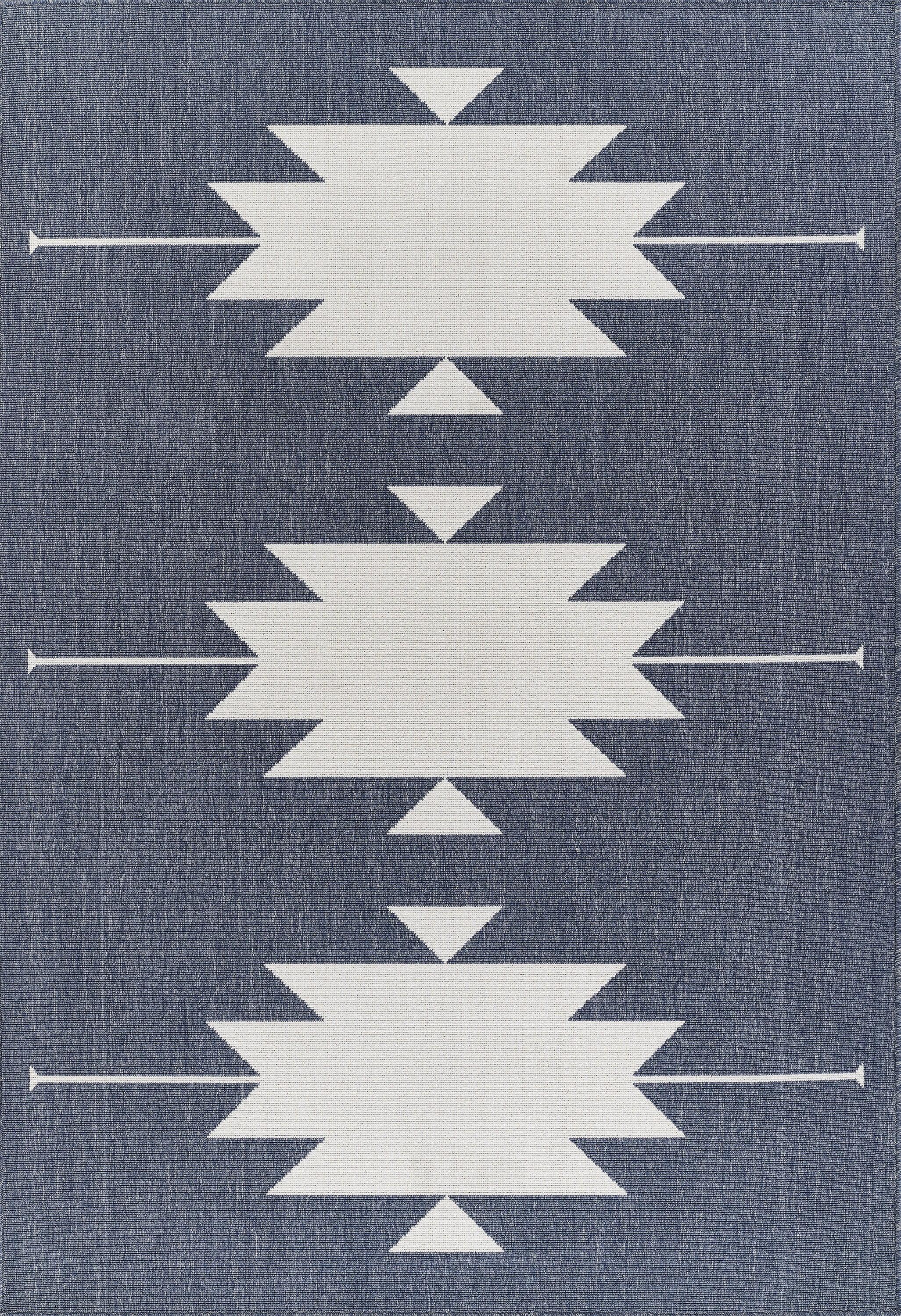 Denim Blue Geometric Oval Indoor Outdoor Rug