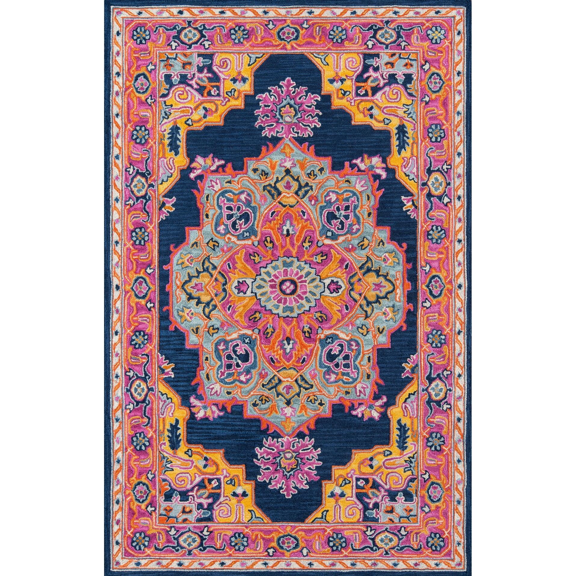 Momeni  Ibiza Hand-tufted Traditional Medallion Wool Area Rug Navy 2' x 3' 2' x 3' Accent, Indoor Pink