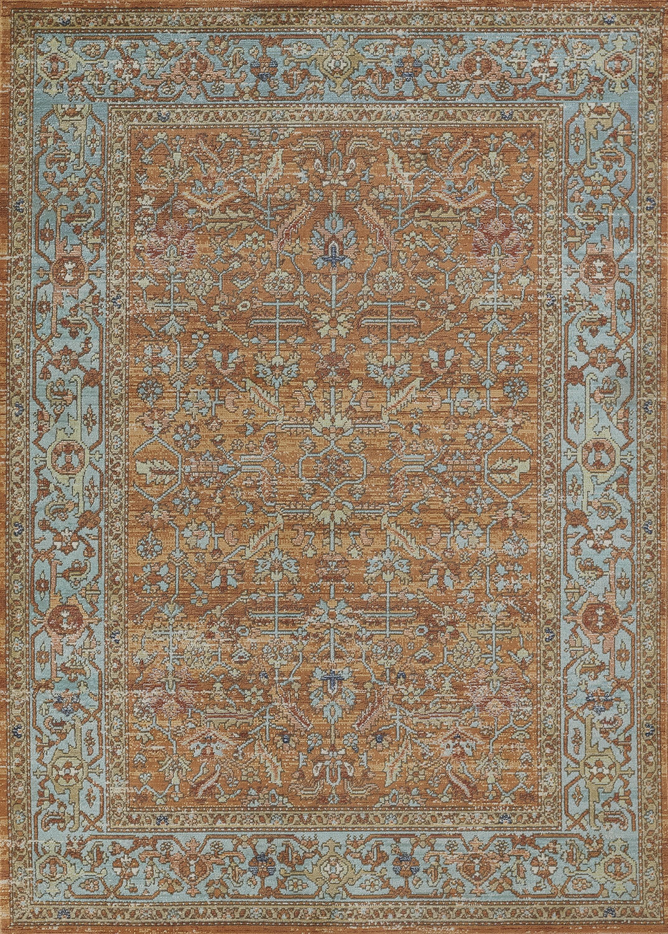 Traditional Orange and Blue Rectangular Synthetic Rug