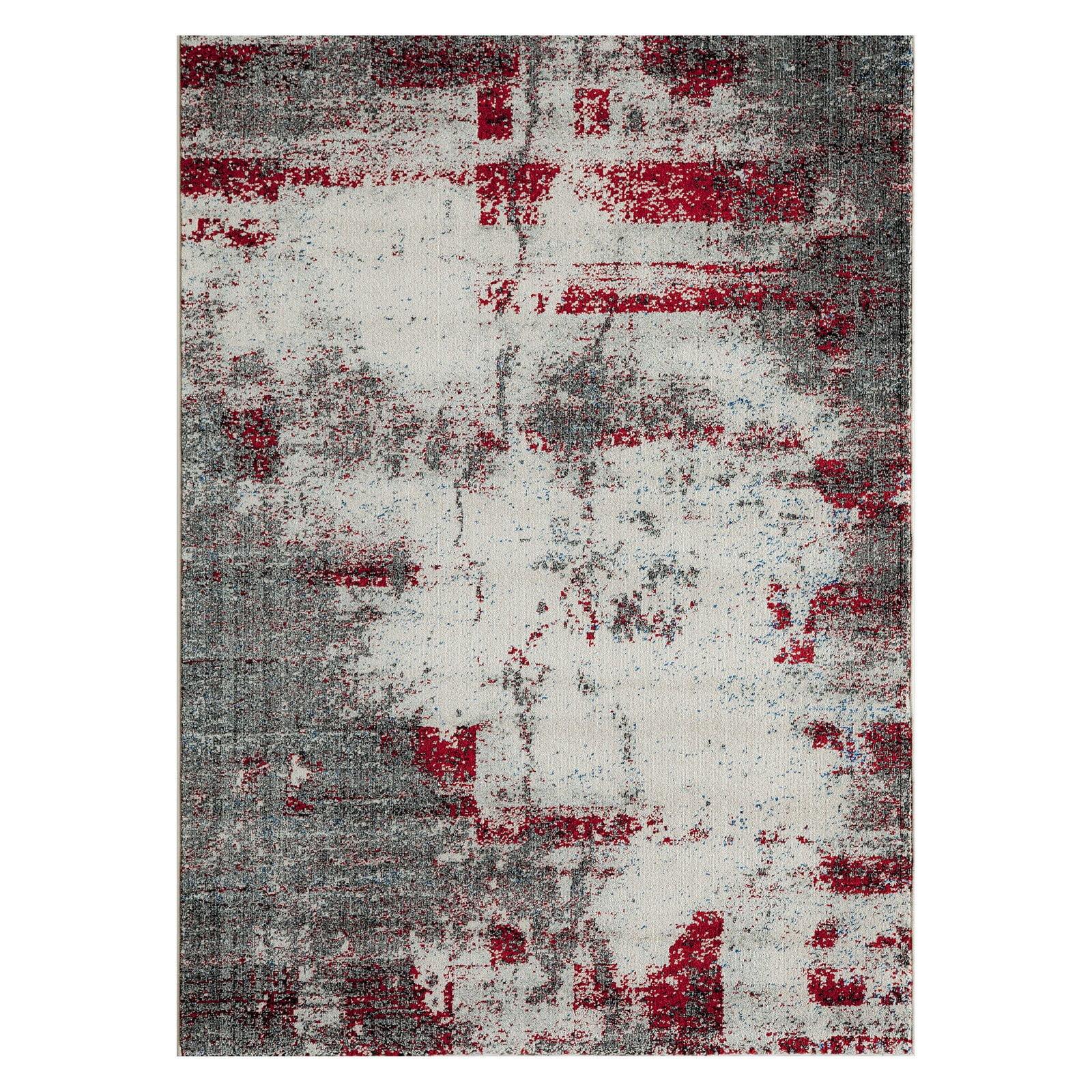 Gray and Red Abstract Rectangular Synthetic Rug