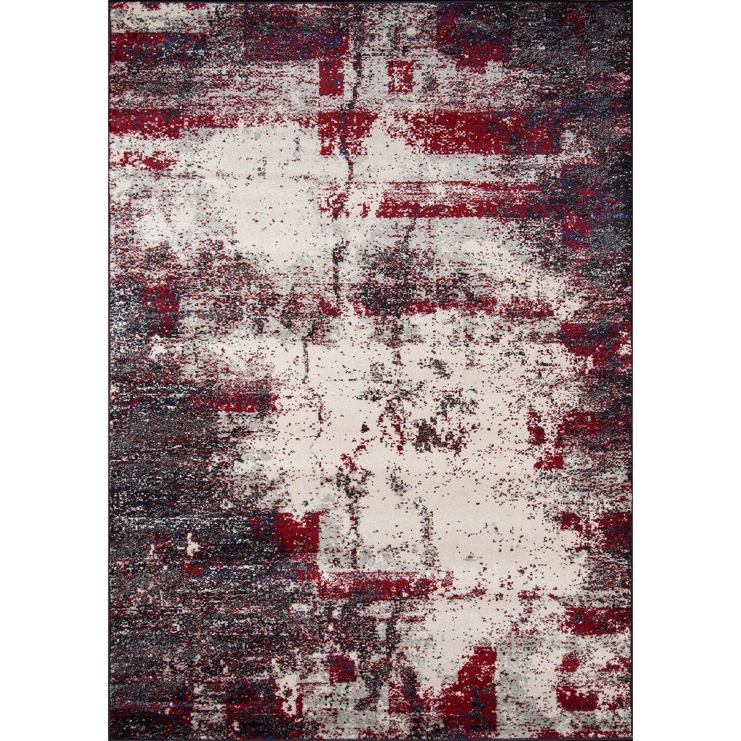 Gray and Red Abstract Rectangular Synthetic Rug