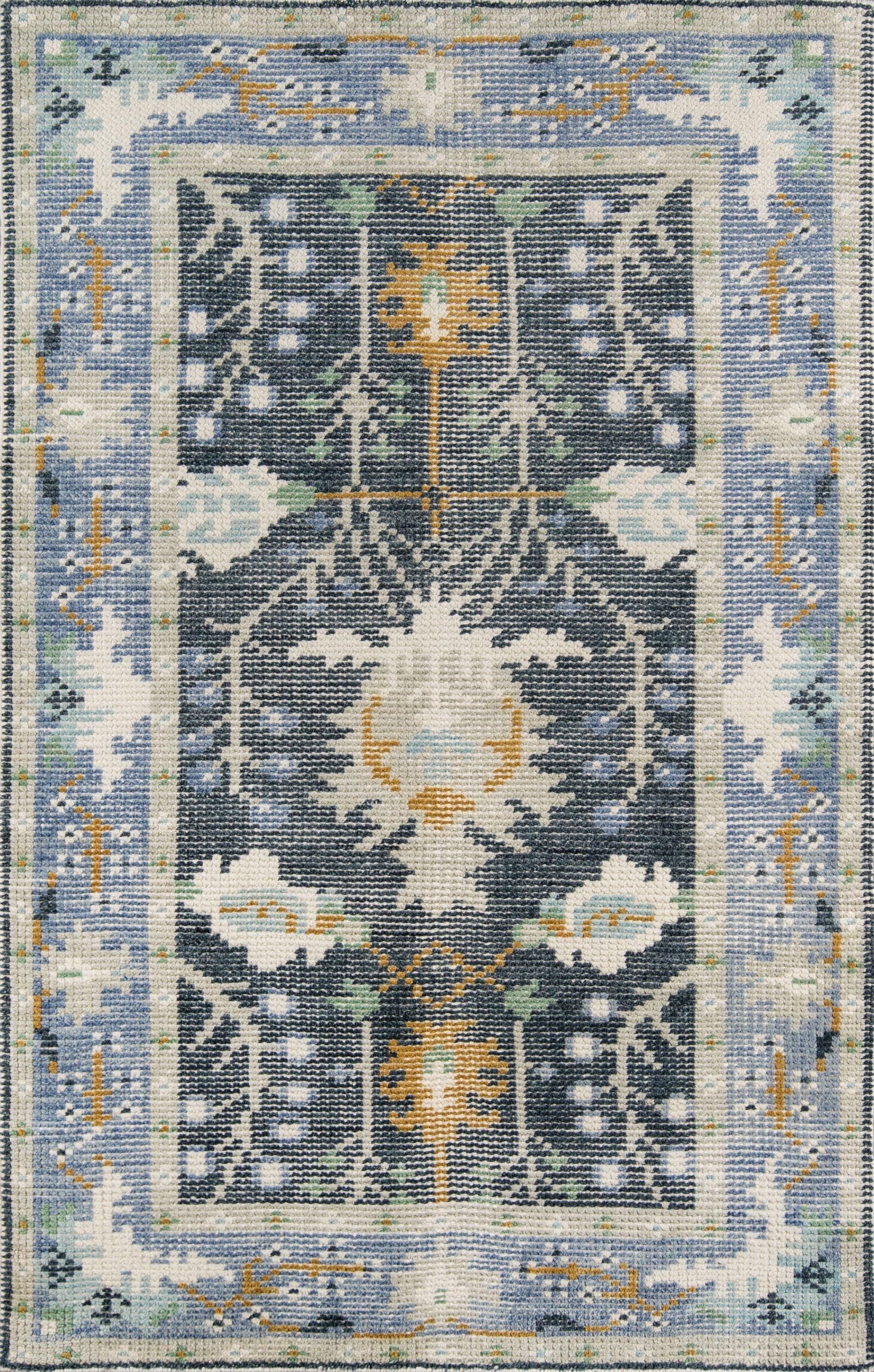 Hand-Knotted Blue Wool and Cotton Rectangular Rug