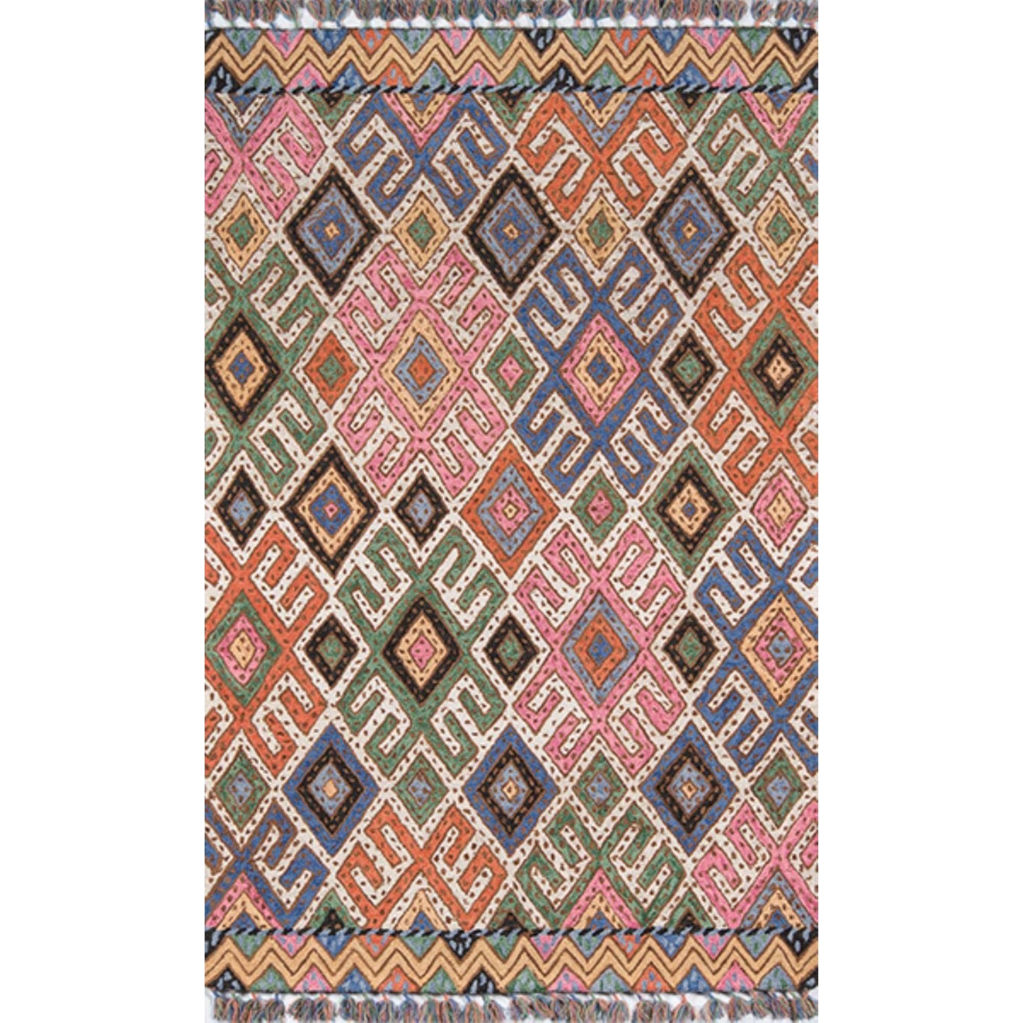 Multicolor Geometric Tufted Wool Area Rug with Fringe