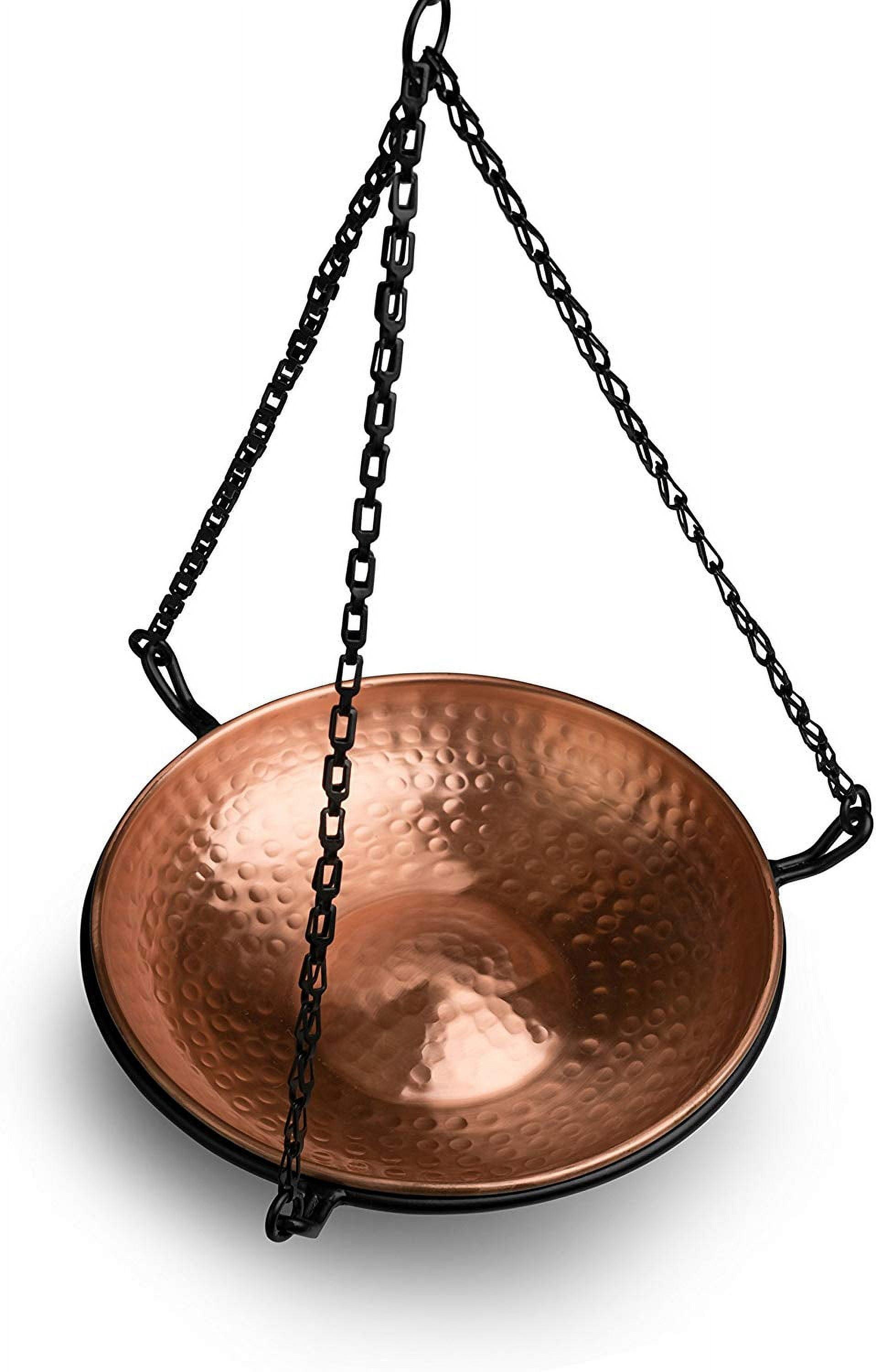 Copper Hand Hammered Hanging Bird Bath with Black Chain