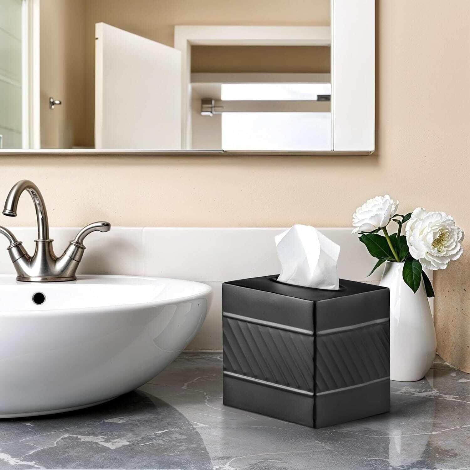 Monarch Abode Tissue Box Cover, Hand Hammered, Metal, Square Tissue Box Holder, Black