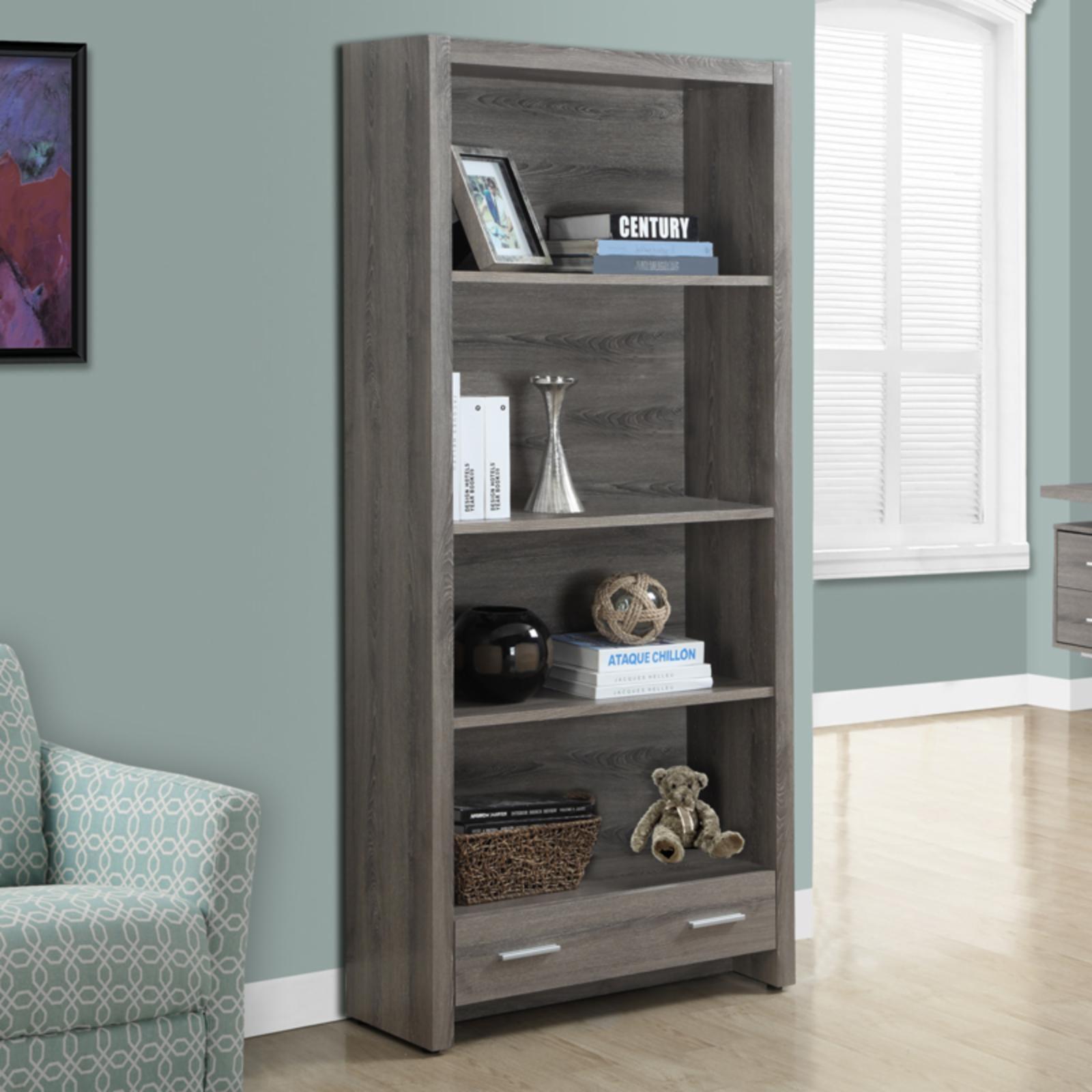 Contemporary 71" Dark Taupe Bookcase with Adjustable Shelves & Storage Drawer