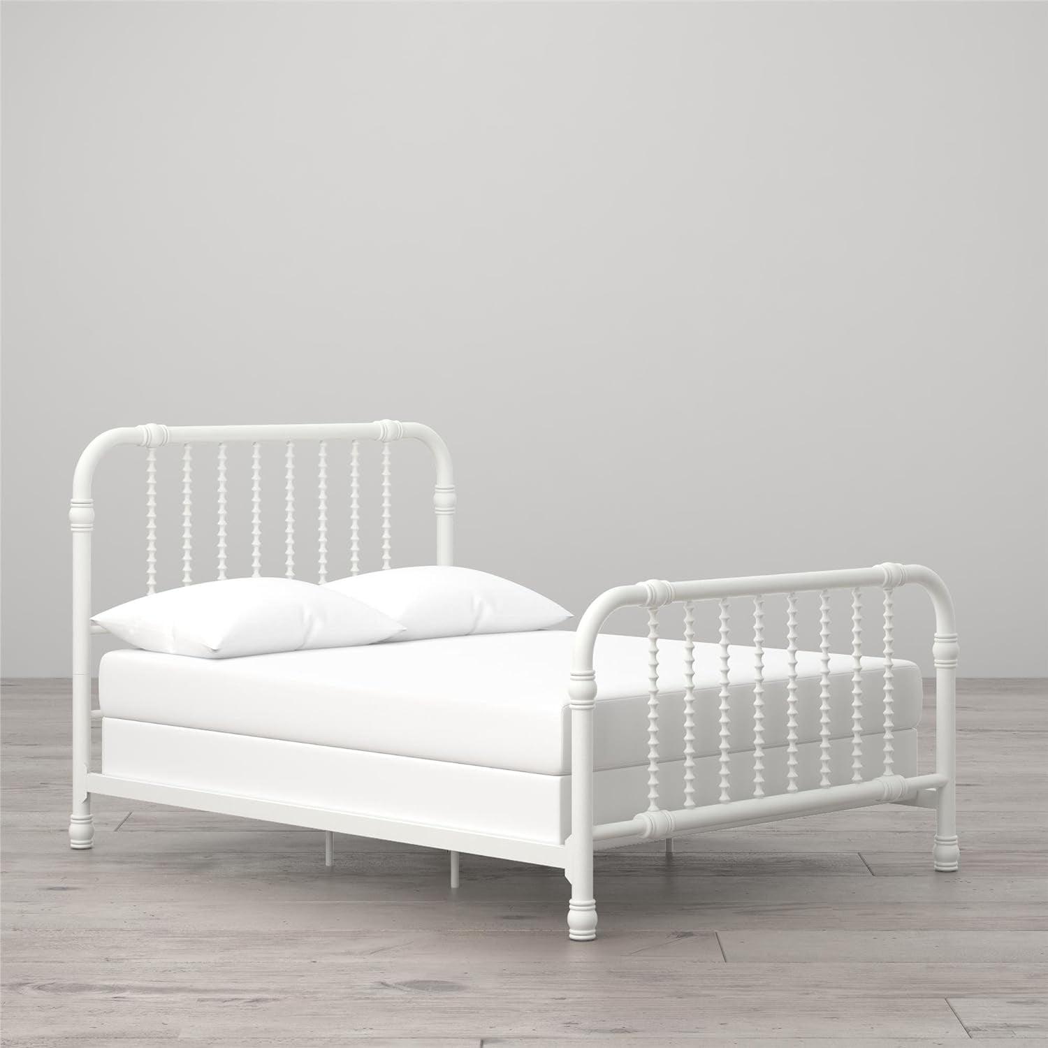 White Full Metal Bed Frame with Drawer and Scroll Design