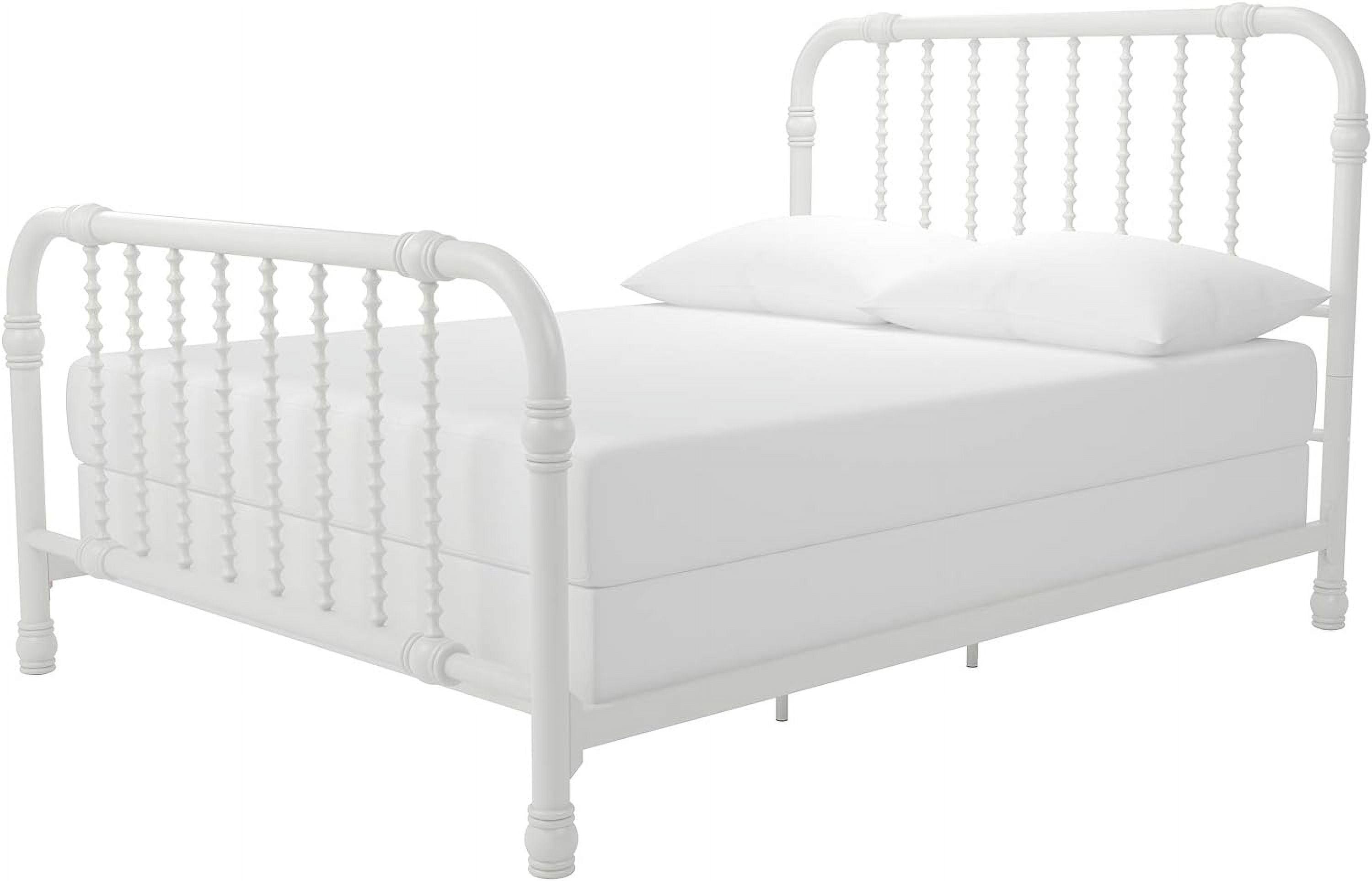 White Full Metal Bed Frame with Drawer and Scroll Design