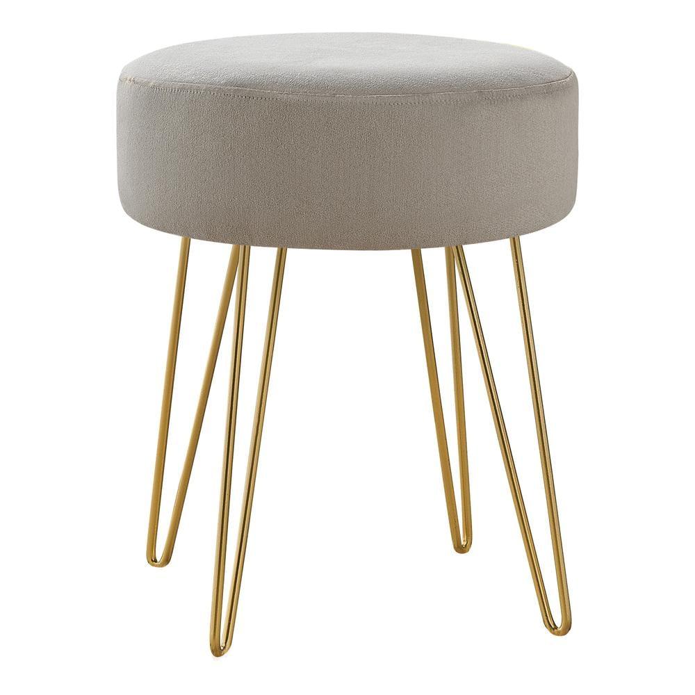 Ottoman, Pouf, Footrest, Foot Stool, 14" Round, Fabric, Metal Legs, Beige, Gold, Contemporary, Modern