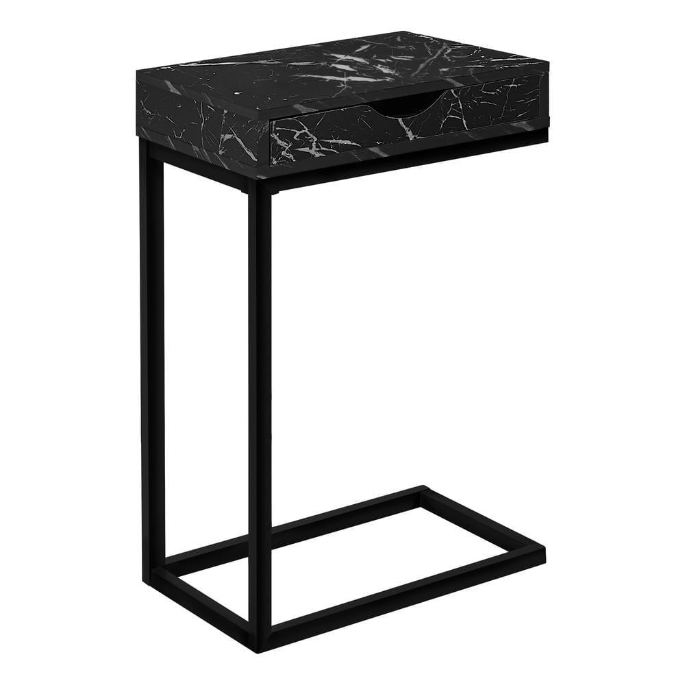 Monarch Specialties Accent Table C-Shaped End Side Snack Storage Drawer Living Room Bedroom Metal Laminate Black Marble Look Contemporary Modern