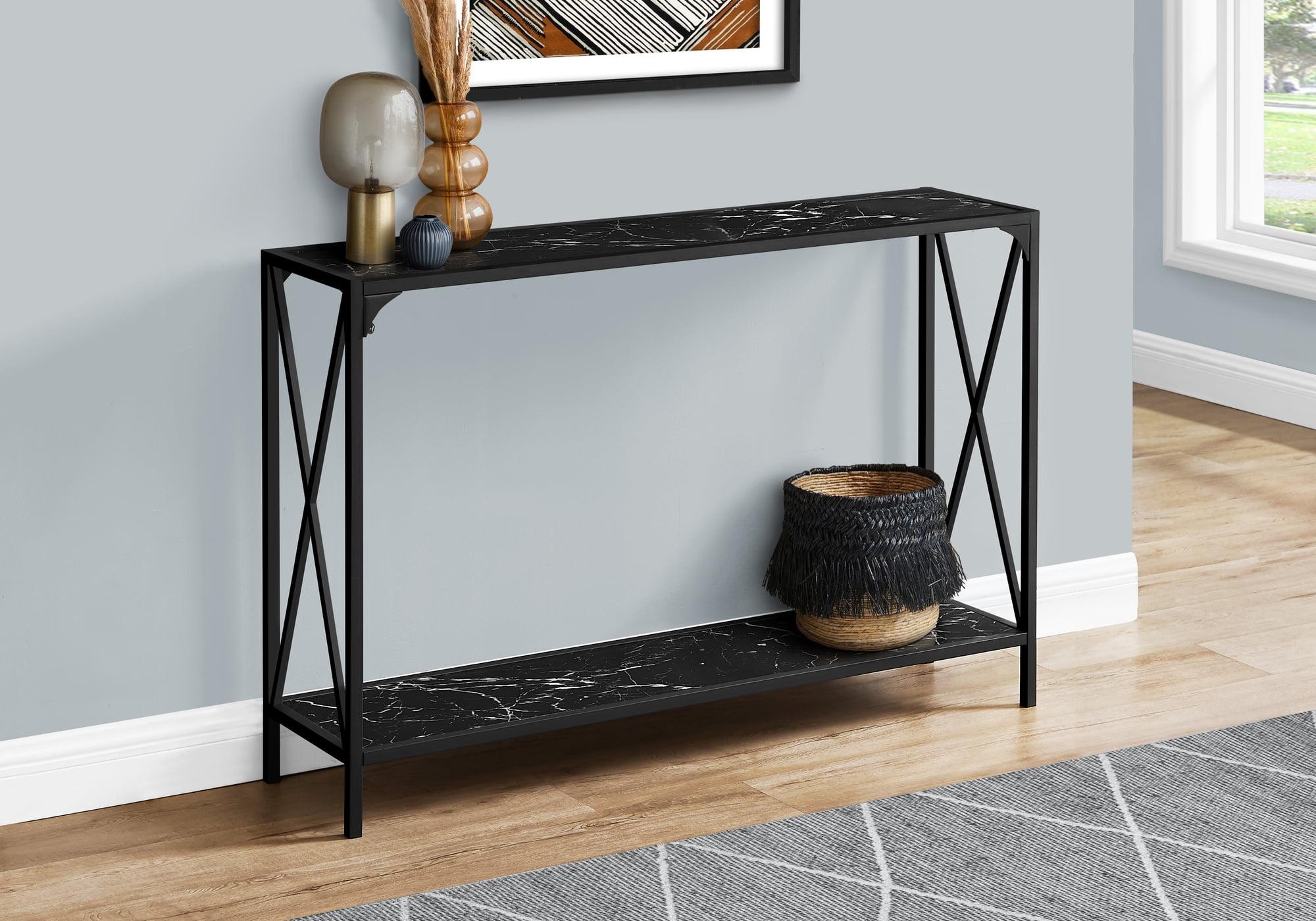 48" Black Faux Marble and Metal Rectangular Console Table with Storage