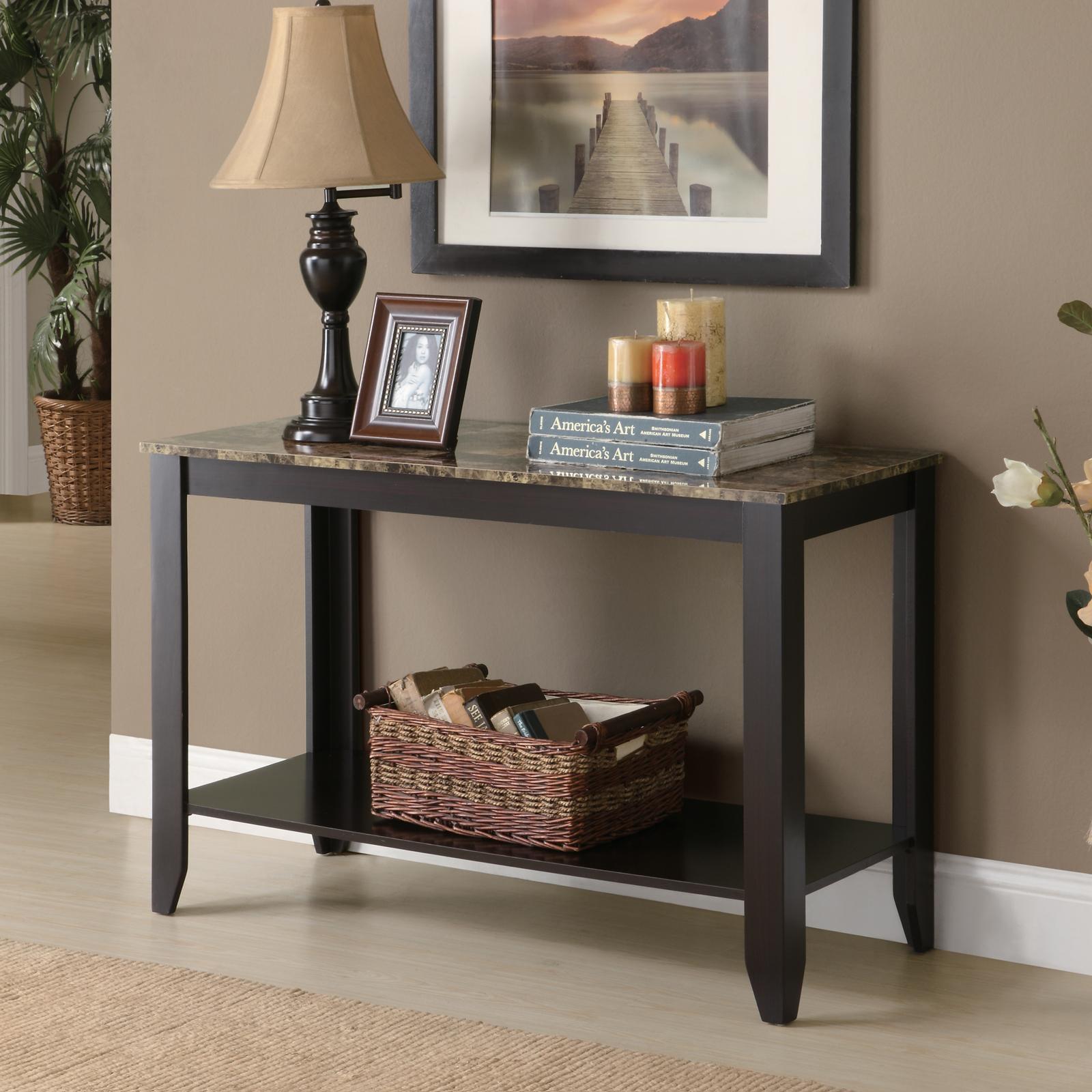 Brown Marble Top Rectangular Console Table with Storage