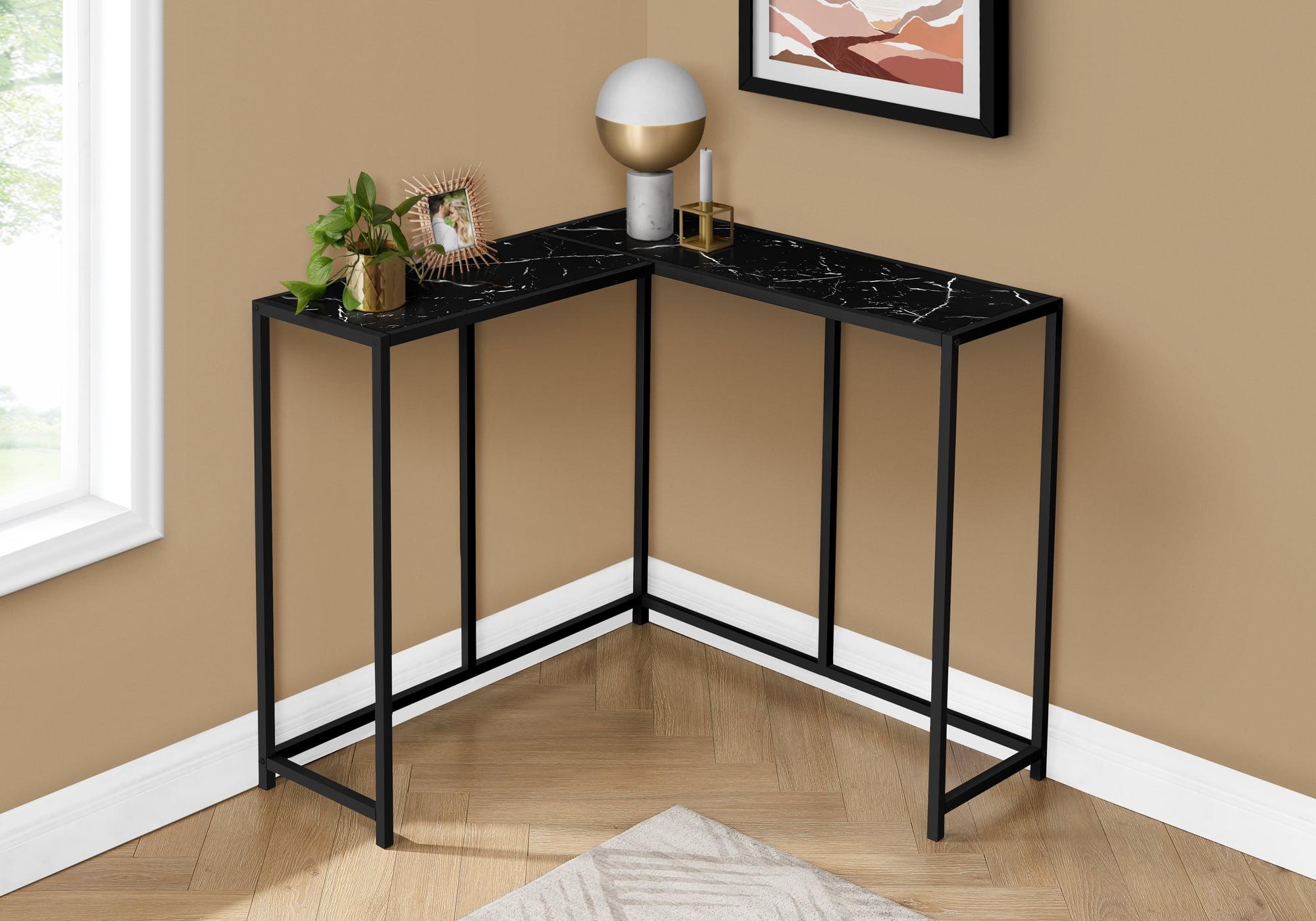 Black Marble and Metal Rectangular Corner Console Table with Storage