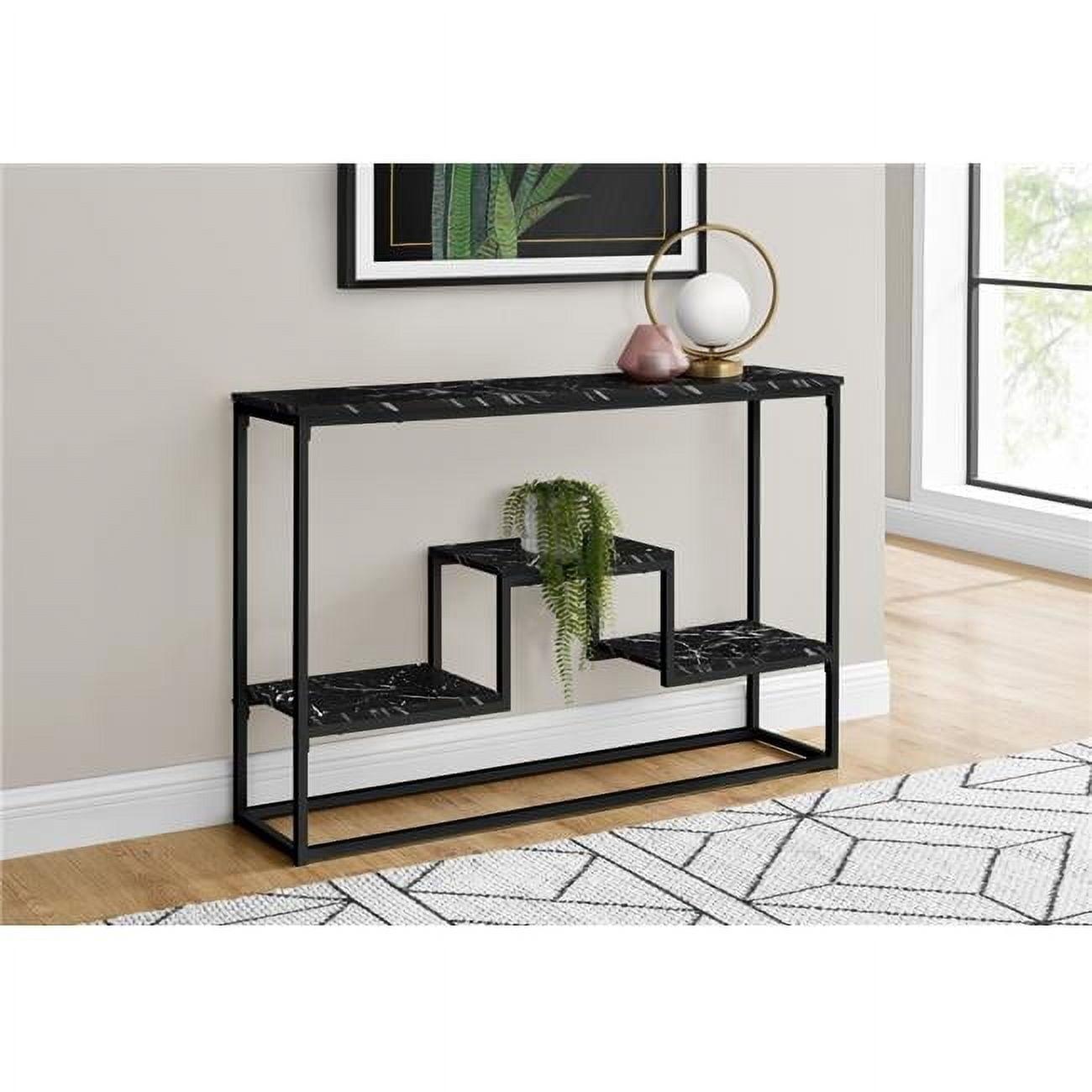 Black Marble Look Metal Console Table with Storage Shelves