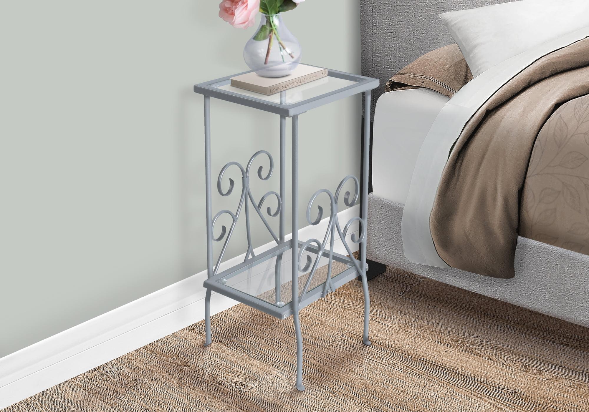 Gray Metal and Glass Scrollwork Accent Table