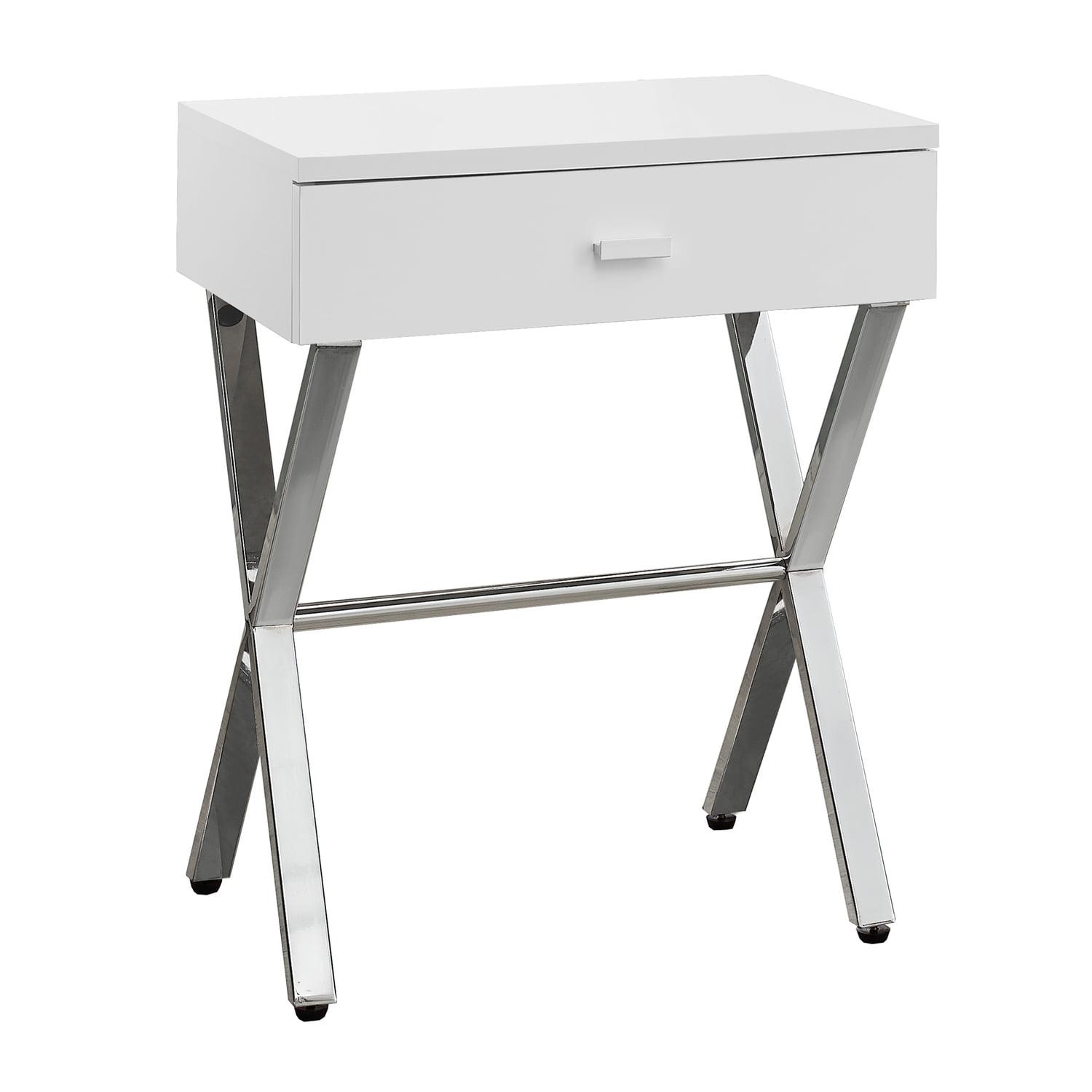 Elegant Glossy White Contemporary Nightstand with Chrome Metal Base