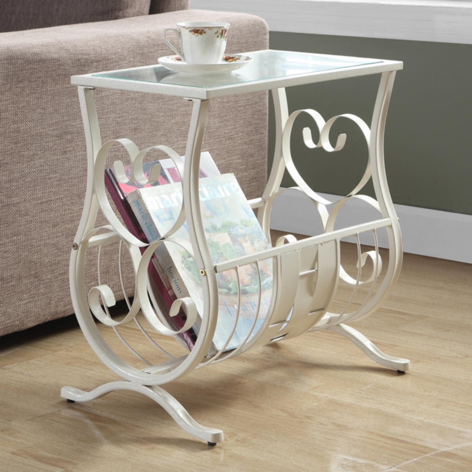 Elegant Antique White Metal and Glass Magazine Side Table