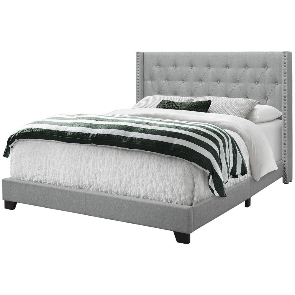 Luxurious Grey Linen Queen Bed with Chrome Nailhead Trim