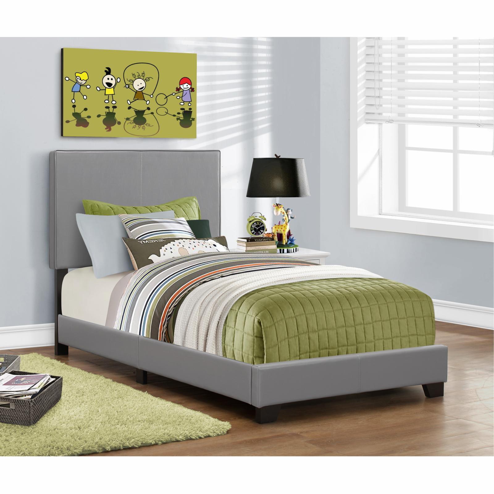 Transitional Twin Panel Bed in Grey Leather with Wood Frame