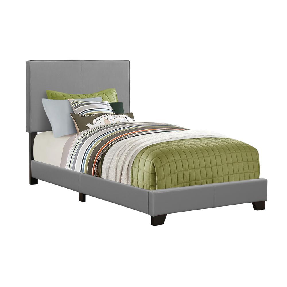 Transitional Twin Panel Bed in Grey Leather with Wood Frame