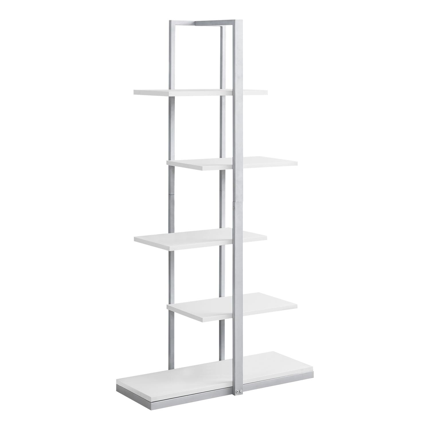 Monarch Specialties Bookshelf, Bookcase, Etagere, 5 Tier, 60"h, Office, Bedroom, Metal, Laminate, Contemporary, Modern-Finish:White/Silver