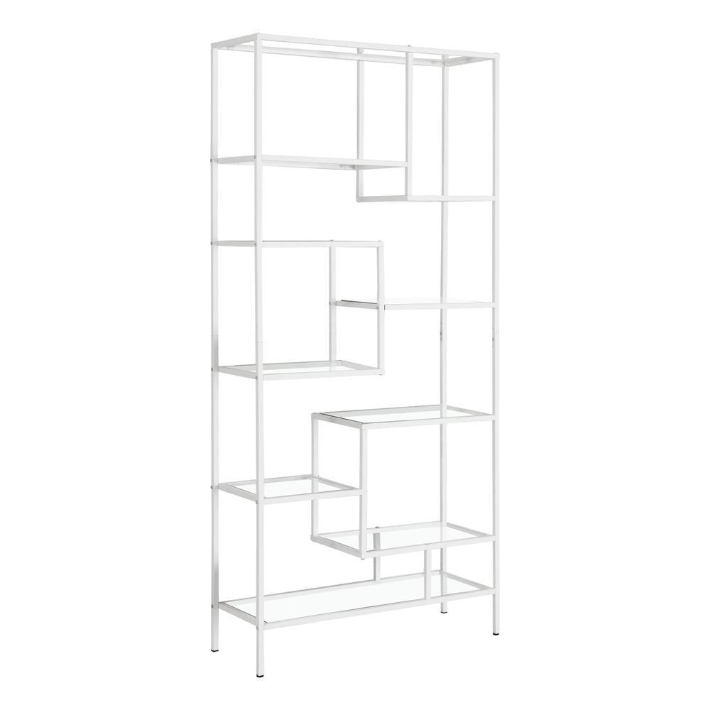 Alieon 7159 Bookshelf, Bookcase, Etagere, Office, Bedroom, Metal, Tempered, Contemporary, Modern Bookcase-72, 32" L x 12" W x 72" H, White/Clear Glass