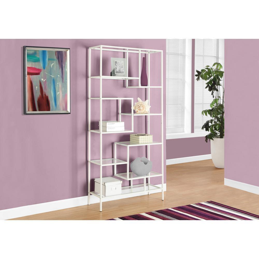 Alieon 7159 Bookshelf, Bookcase, Etagere, Office, Bedroom, Metal, Tempered, Contemporary, Modern Bookcase-72, 32" L x 12" W x 72" H, White/Clear Glass