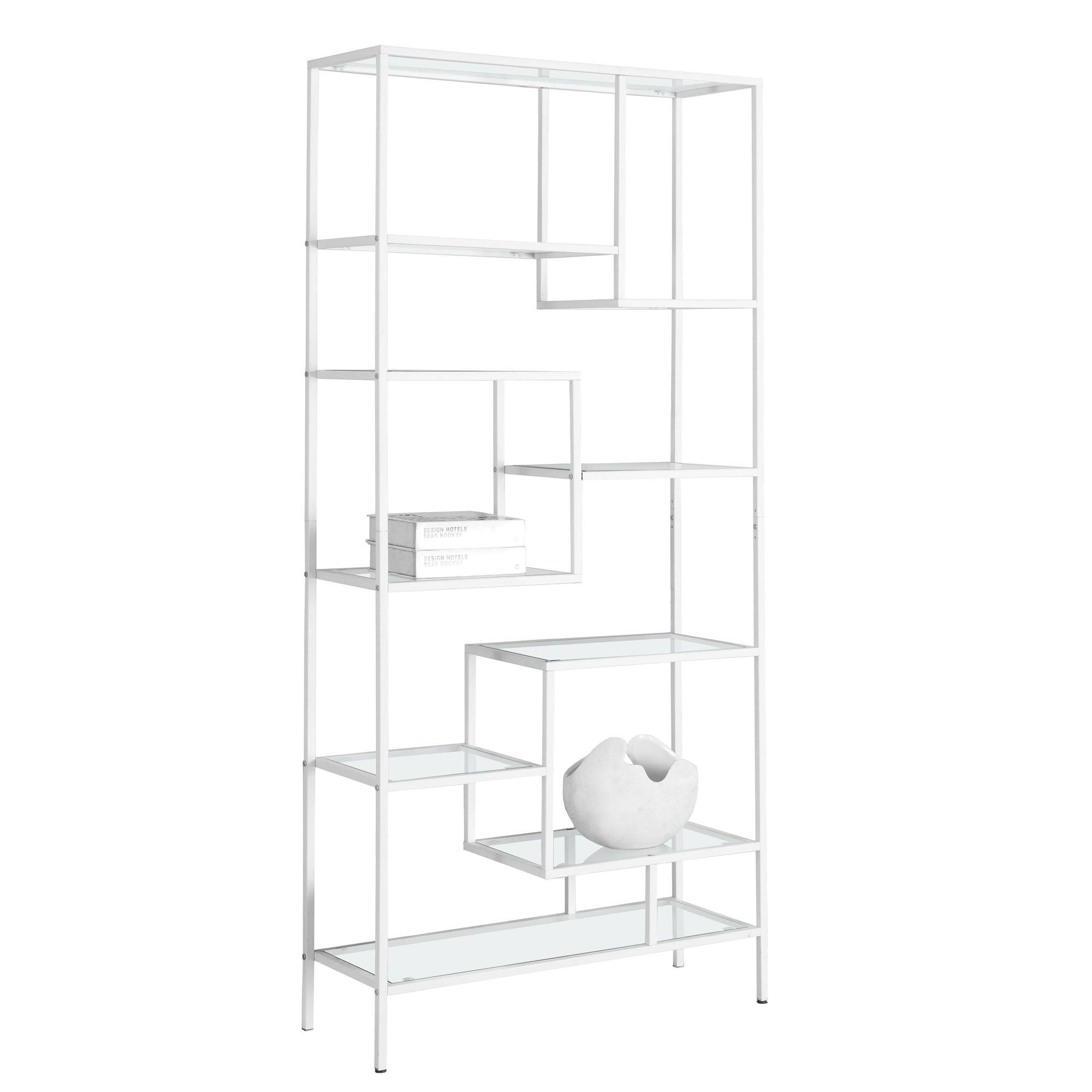 Alieon 7159 Bookshelf, Bookcase, Etagere, Office, Bedroom, Metal, Tempered, Contemporary, Modern Bookcase-72, 32" L x 12" W x 72" H, White/Clear Glass